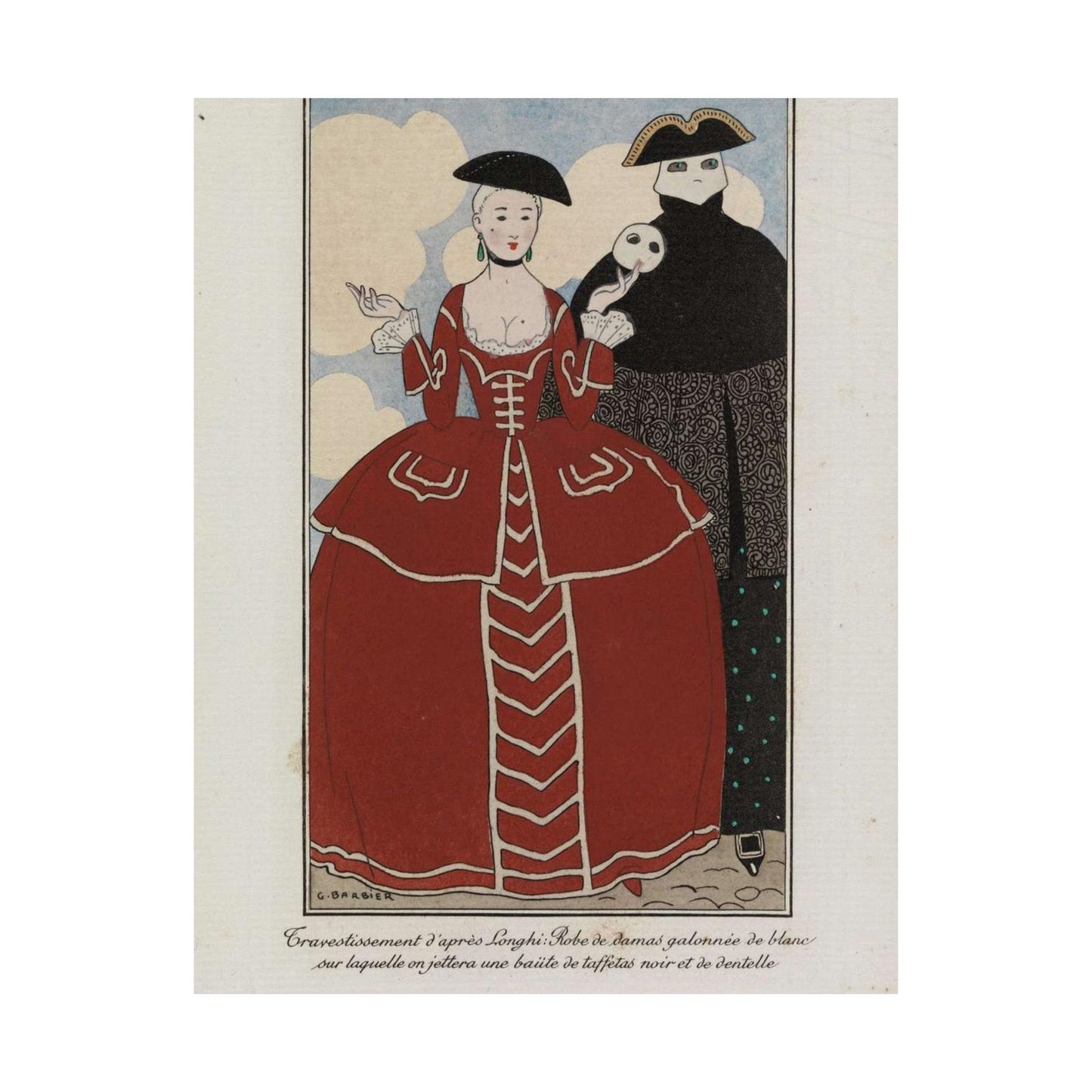 Fancy dress (Travestissement d'aprés Longhi - Robe de damas galonnée de blanc sur laquelle on jettera une baiite de taffetas noir et de dentelle) (CBL WEp 0847) High Quality Matte Wall Art Poster for Home, Office, Classroom