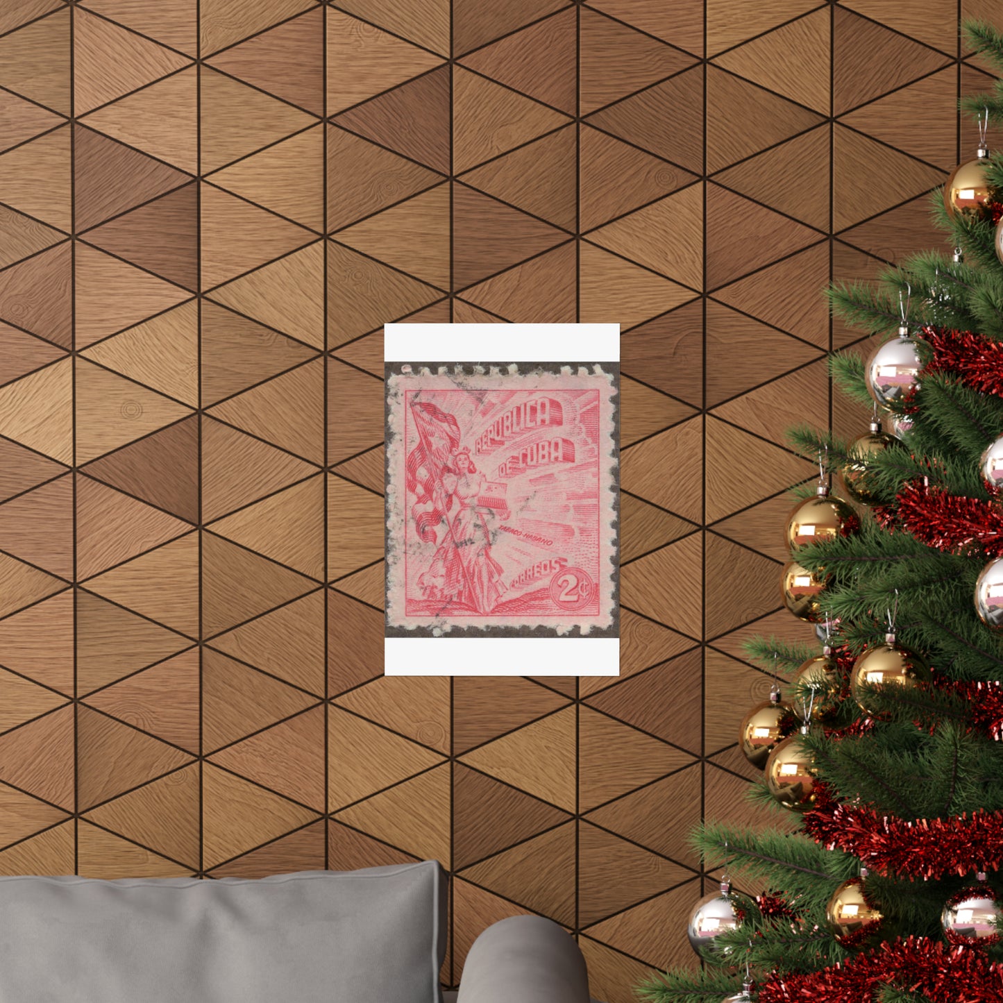 Frimärke ur Gösta Bodmans filatelistiska motivsamling, påbörjad 1950.Frimärke från Cuba, 1948. Motiv av kvinnosymbol för friheten med cigrarrlåda och flagga. High Quality Matte Wall Art Poster for Home, Office, Classroom