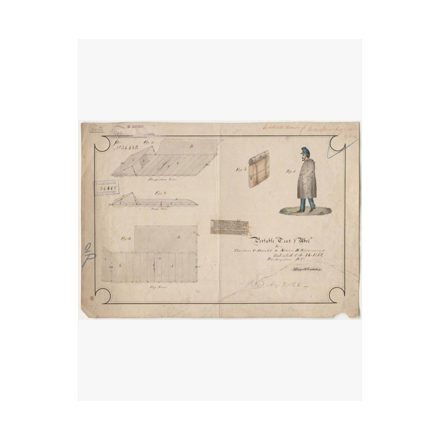 Patent drawing - Drawing of Portable Tent and Abri Public domain image High Quality Matte Wall Art Poster for Home, Office, Classroom