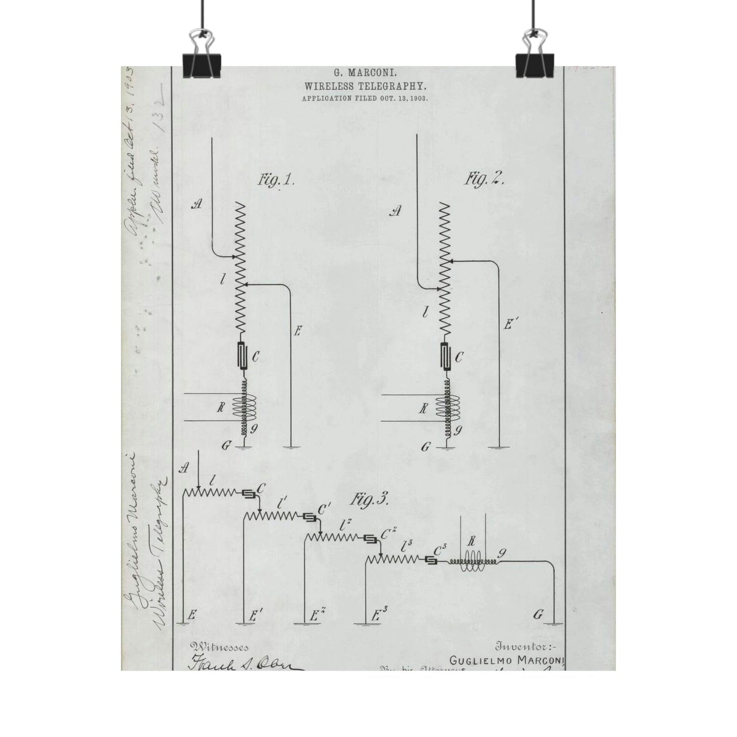 Patent drawing - for G. Marconi's Wireless Telegraphy Public domain image High Quality Matte Wall Art Poster for Home, Office, Classroom