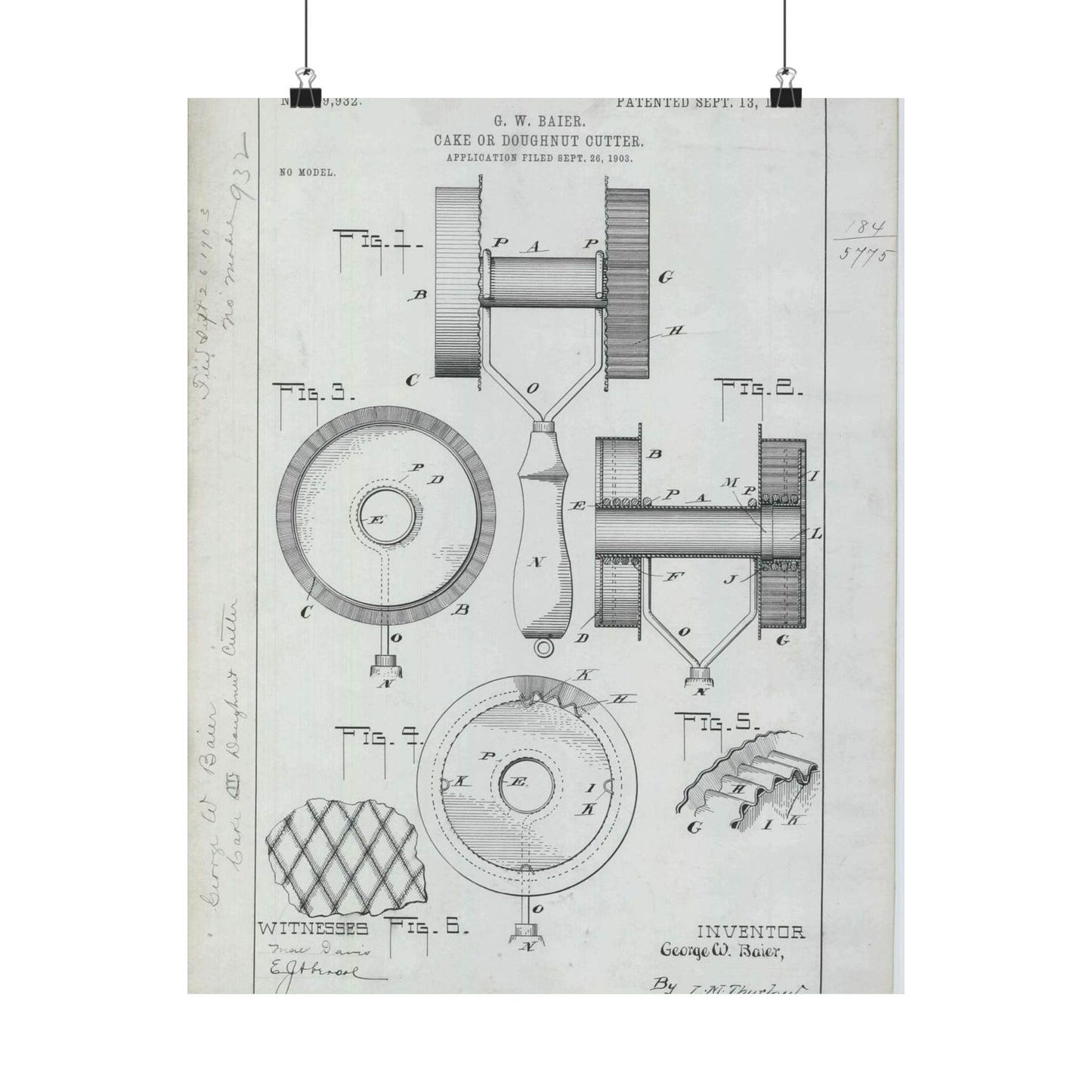 Patent Drawing of Engine - for G. W. Baier's Cake or Doughnut Cutter Public domain image High Quality Matte Wall Art Poster for Home, Office, Classroom