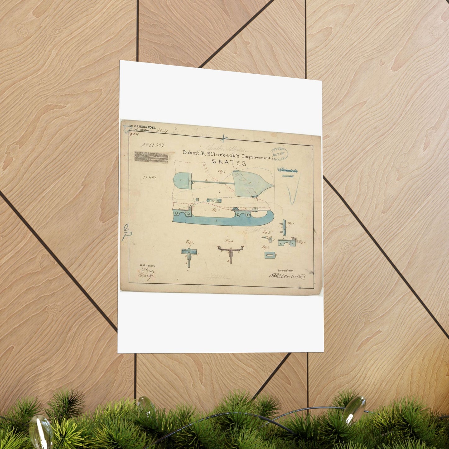 Patent drawing - Drawing of Improvement in Skates Public domain image High Quality Matte Wall Art Poster for Home, Office, Classroom