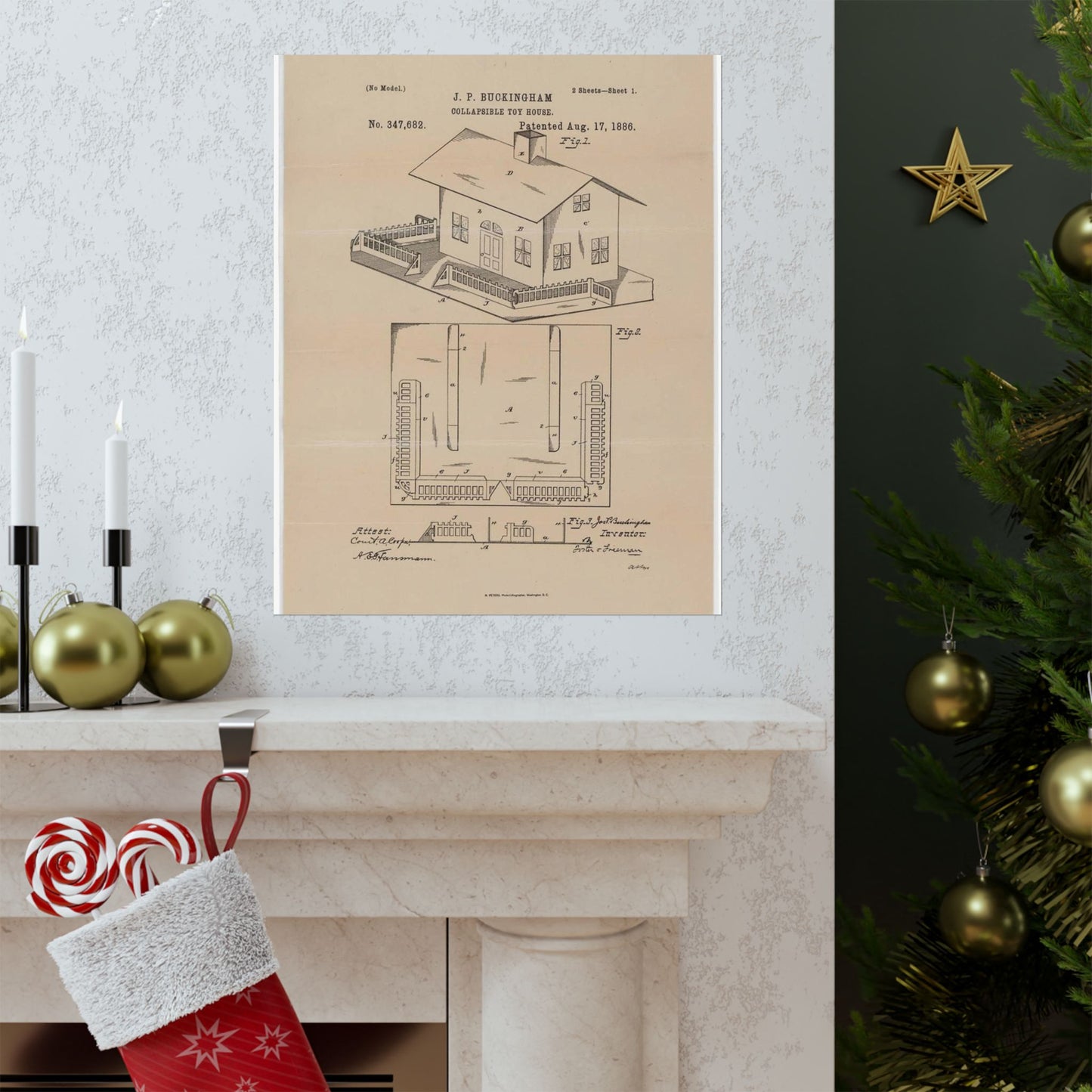 Patent Drawing of Engine - Drawing for a Collapsible Toy House Public domain image High Quality Matte Wall Art Poster for Home, Office, Classroom