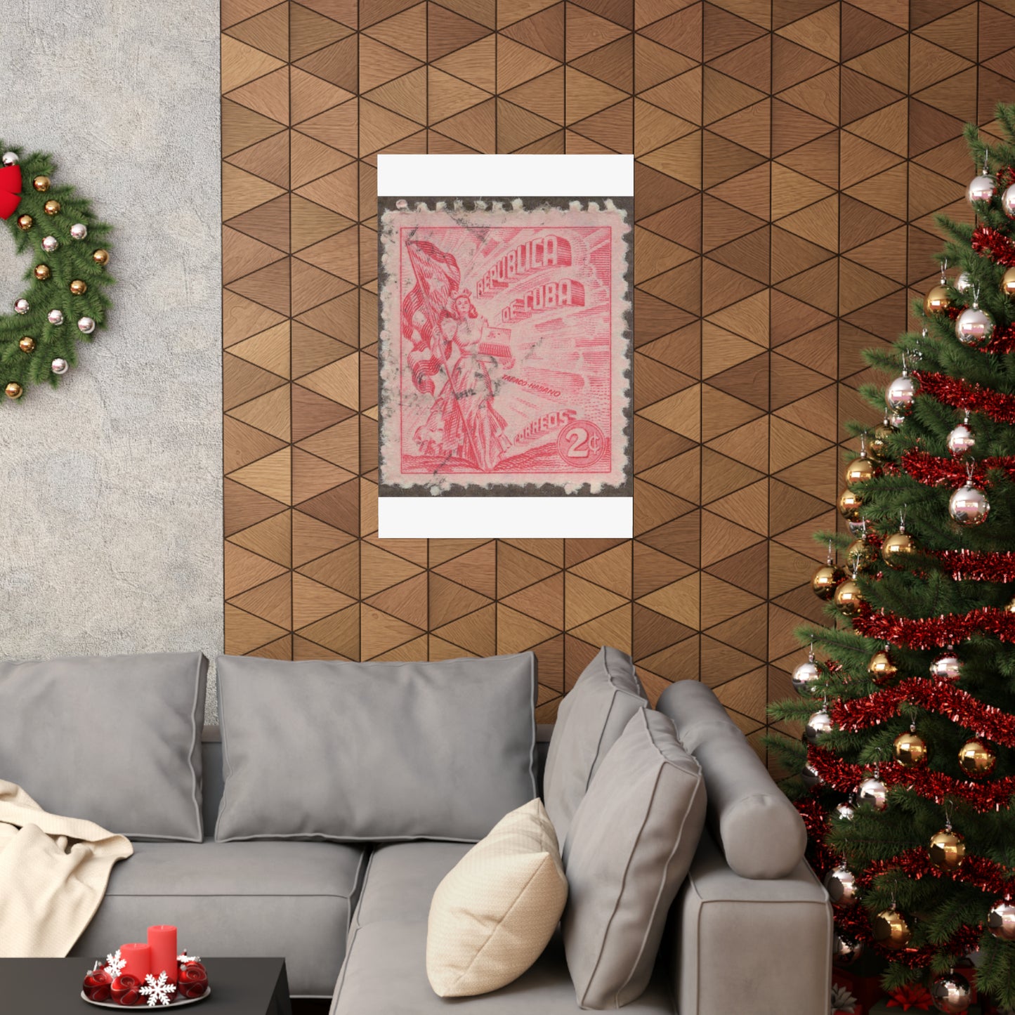 Frimärke ur Gösta Bodmans filatelistiska motivsamling, påbörjad 1950.Frimärke från Cuba, 1948. Motiv av kvinnosymbol för friheten med cigrarrlåda och flagga. High Quality Matte Wall Art Poster for Home, Office, Classroom