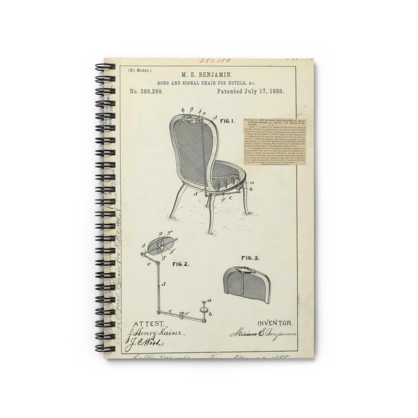 Patent drawing - for M. E. Benjamin's Gong and Signal Chair for Hotels Public domain image Spiral Bound Ruled Notebook with Printed Cover