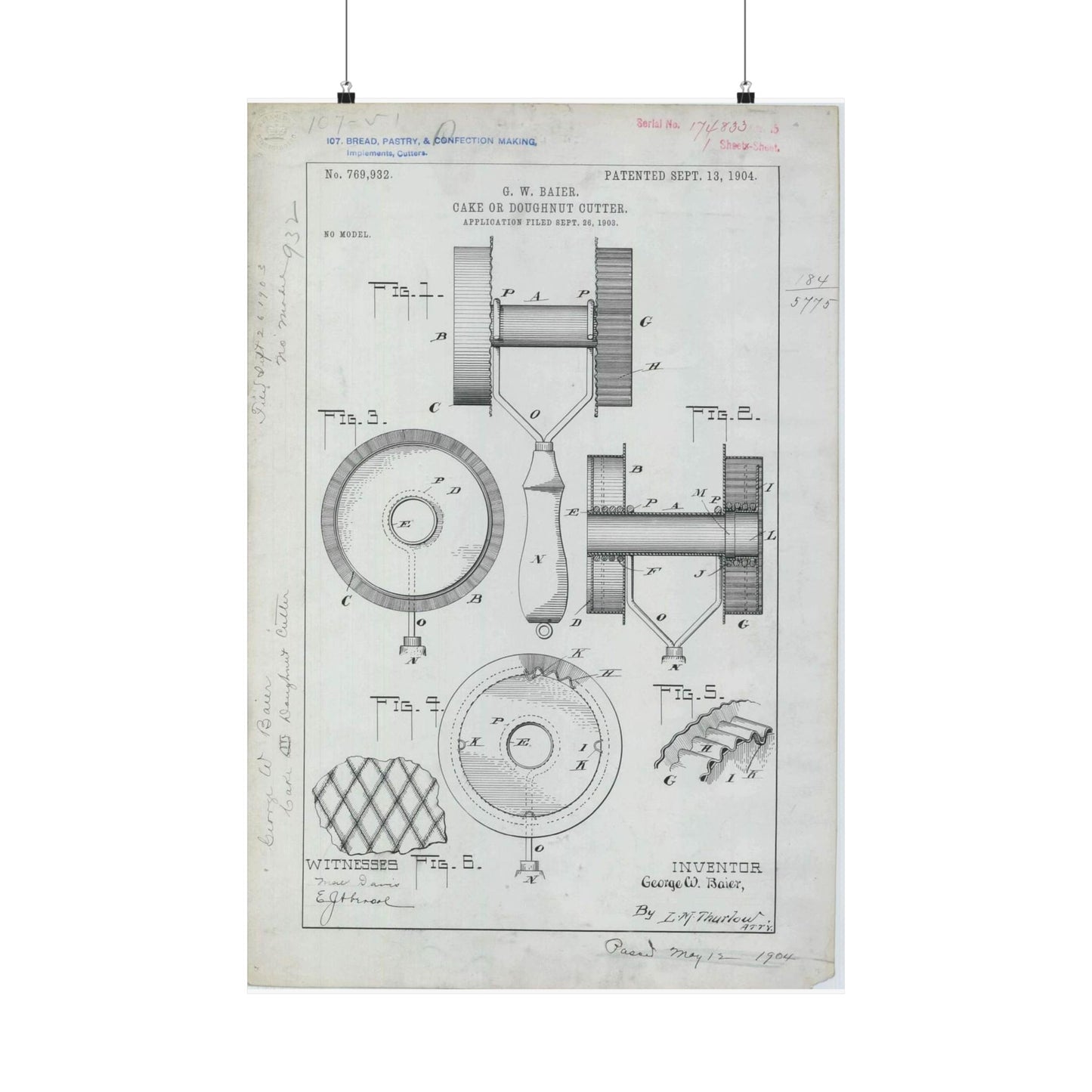 Patent Drawing of Engine - for G. W. Baier's Cake or Doughnut Cutter Public domain image High Quality Matte Wall Art Poster for Home, Office, Classroom