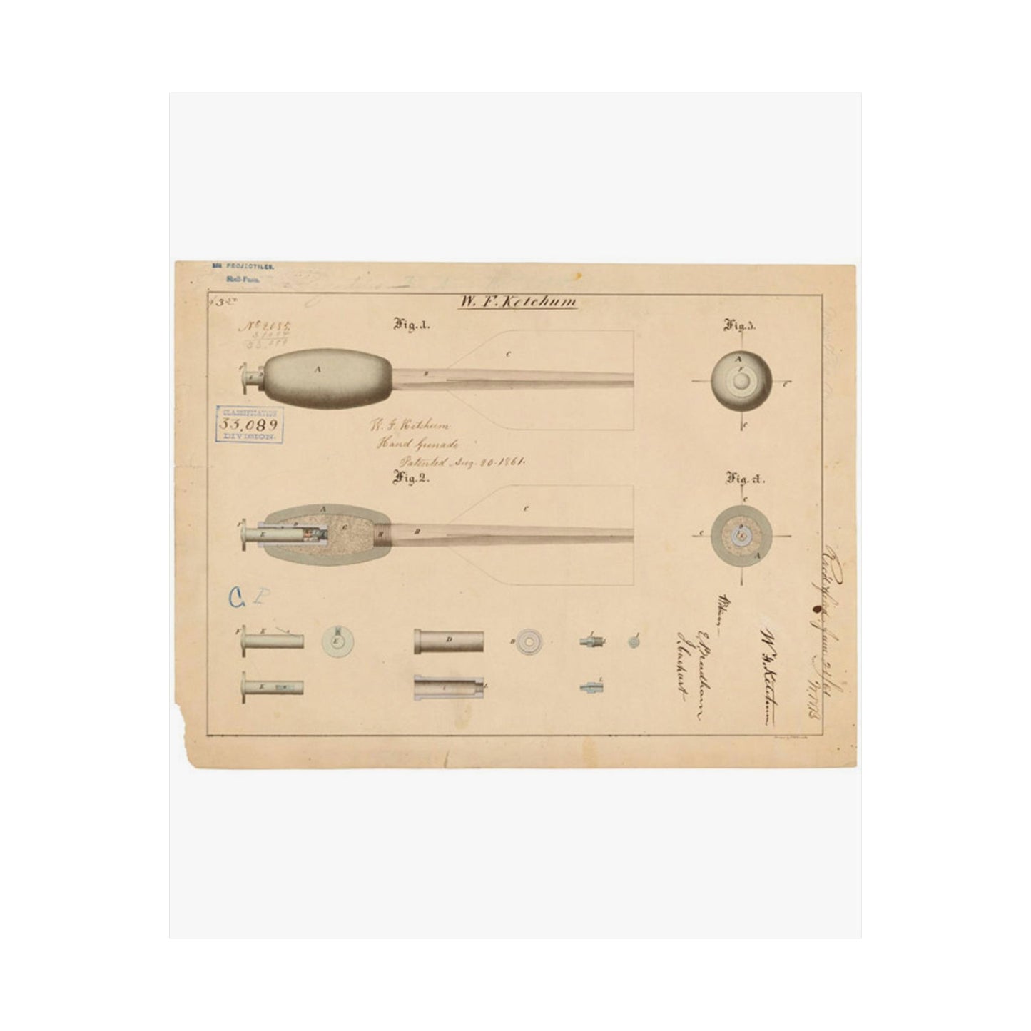 Patent Drawing of Engine - Drawing of Hand Grenade Public domain image High Quality Matte Wall Art Poster for Home, Office, Classroom