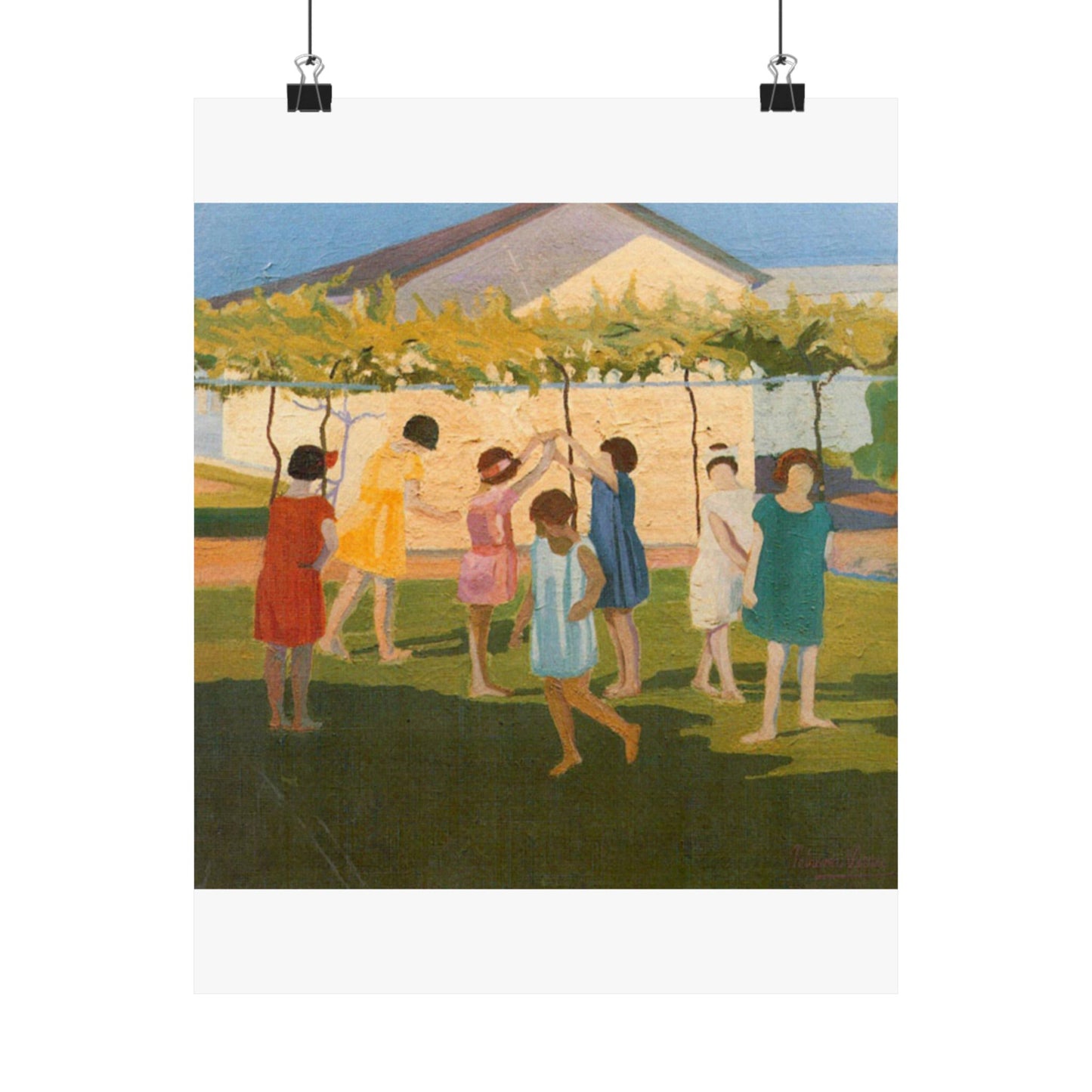 Petrona Viera - A painting of a group of children playing with a kite High Quality Matte Wall Art Poster for Home, Office, Classroom