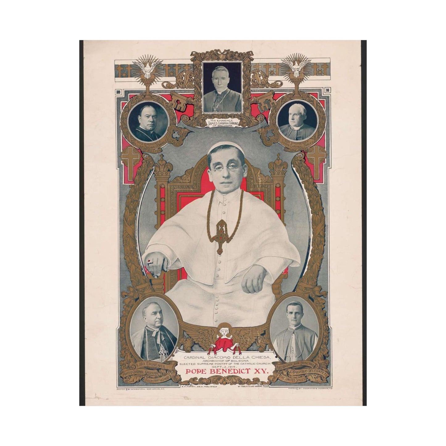 Pope Benedict XV: Cardinal Giacomo Della Chiese, Archbishop of Bologna, Elected Supreme Pontiff of the Catholic Church, September 3, 1914 High Quality Matte Wall Art Poster for Home, Office, Classroom