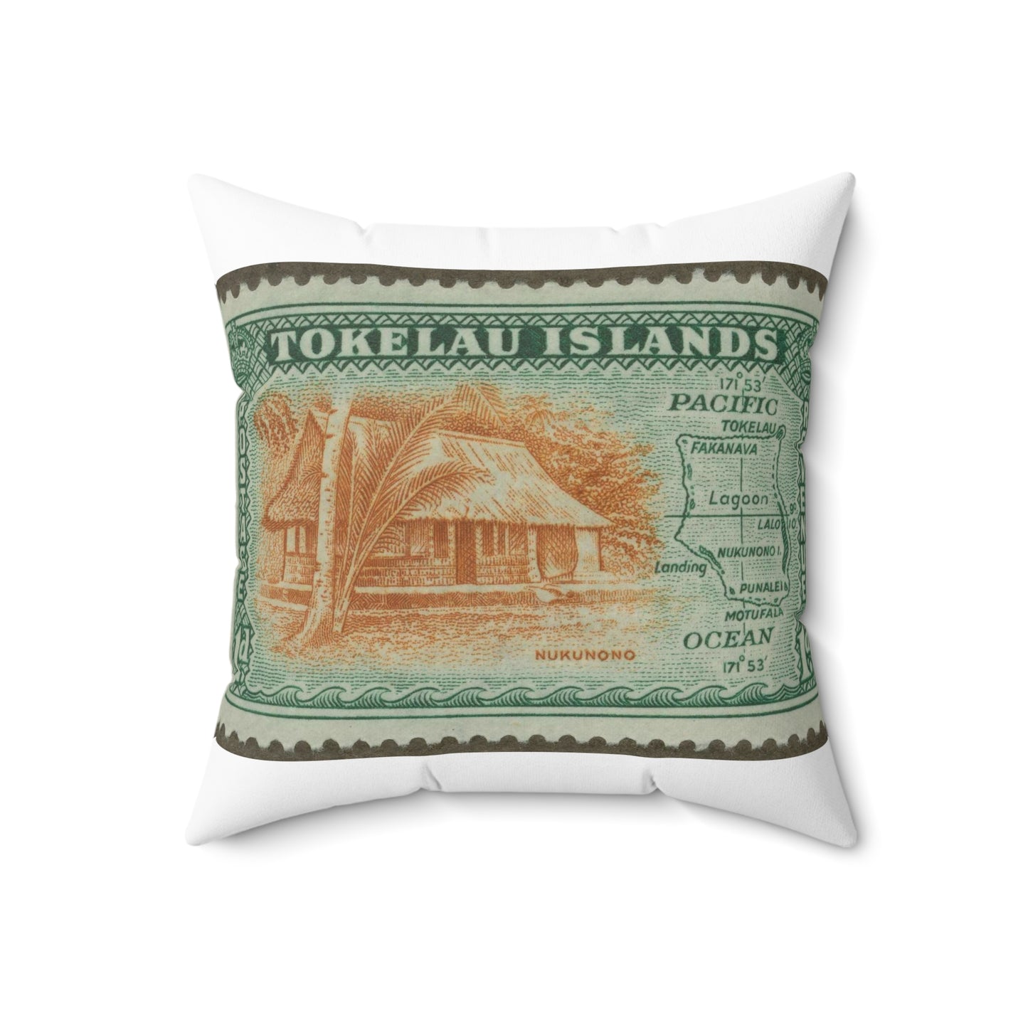 Frimärke ur Gösta Bodmans filatelistiska motivsamling, påbörjad 1950.Frimärke från Tokelau-öarna, 1948. Motiv av hydda från ön Nokonono samt karta över Tokelau-öarna. Decorative Accent Square Pillow