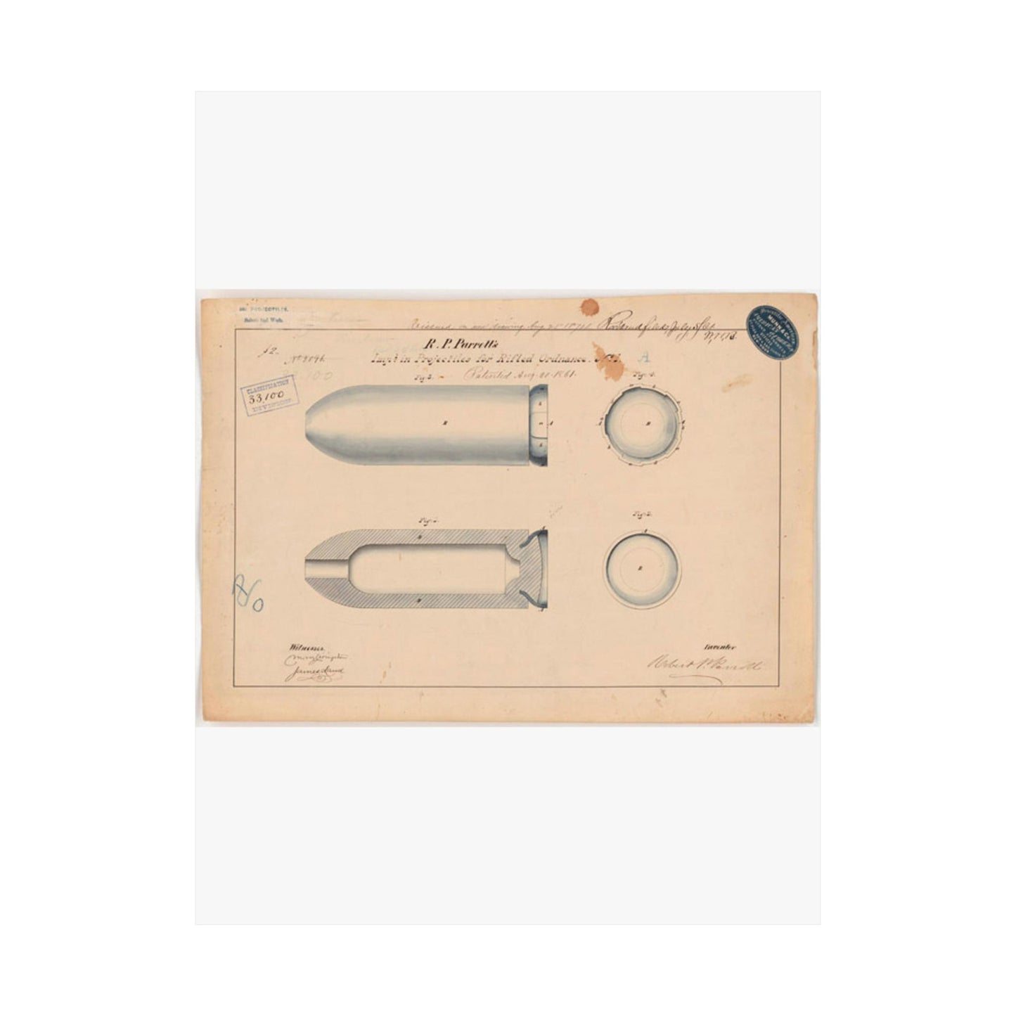 Patent drawing - Drawing of Improvement in Projectiles for Rifled Ordnance Public domain image High Quality Matte Wall Art Poster for Home, Office, Classroom
