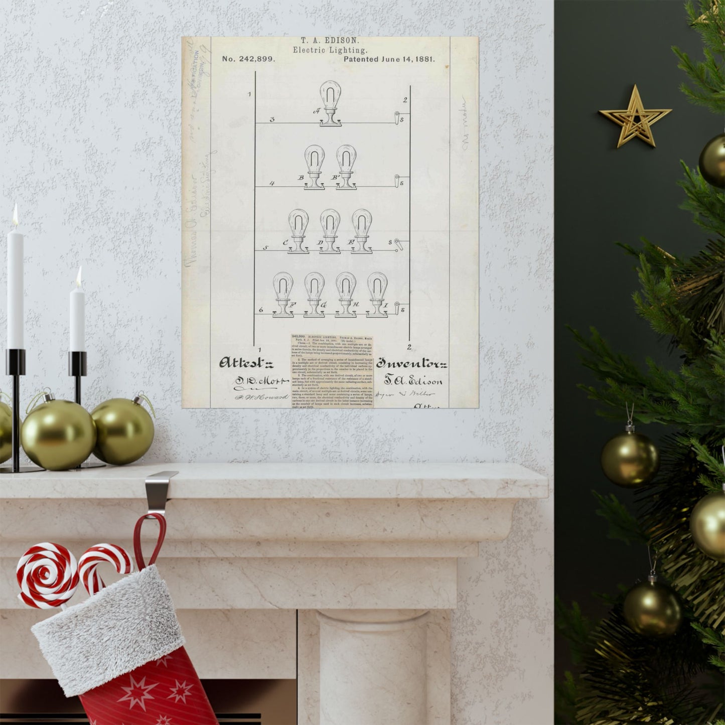 Patent drawing - for T. A. Edison's Electric Lighting Public domain image High Quality Matte Wall Art Poster for Home, Office, Classroom