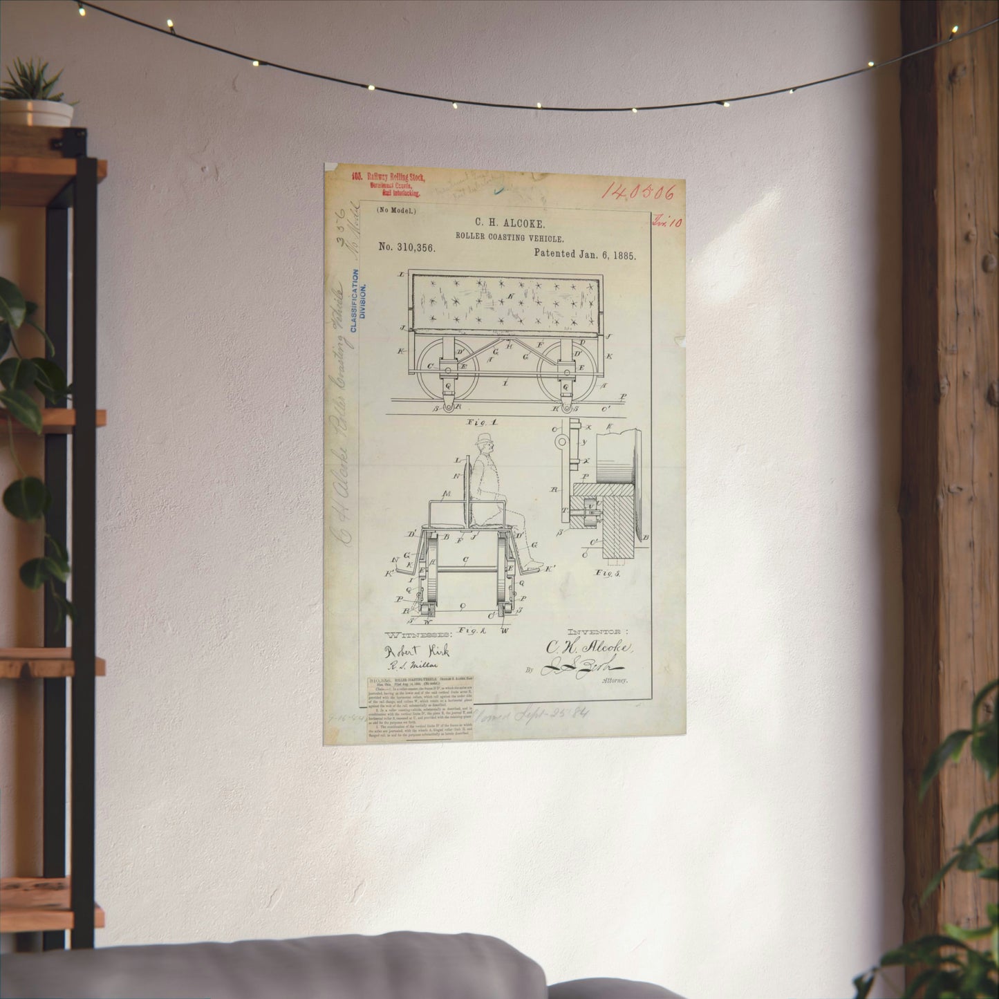 Patent Drawing of Engine - for C. H. Alcoke's Roller Coasting Vehicle Public domain image High Quality Matte Wall Art Poster for Home, Office, Classroom