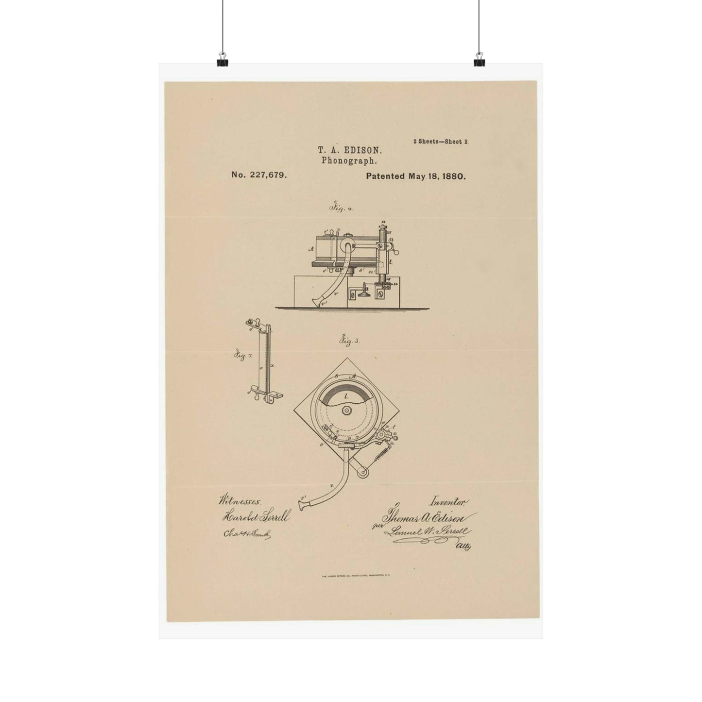 Patent Drawing of Engine - Drawing for a Phonograph Public domain image High Quality Matte Wall Art Poster for Home, Office, Classroom