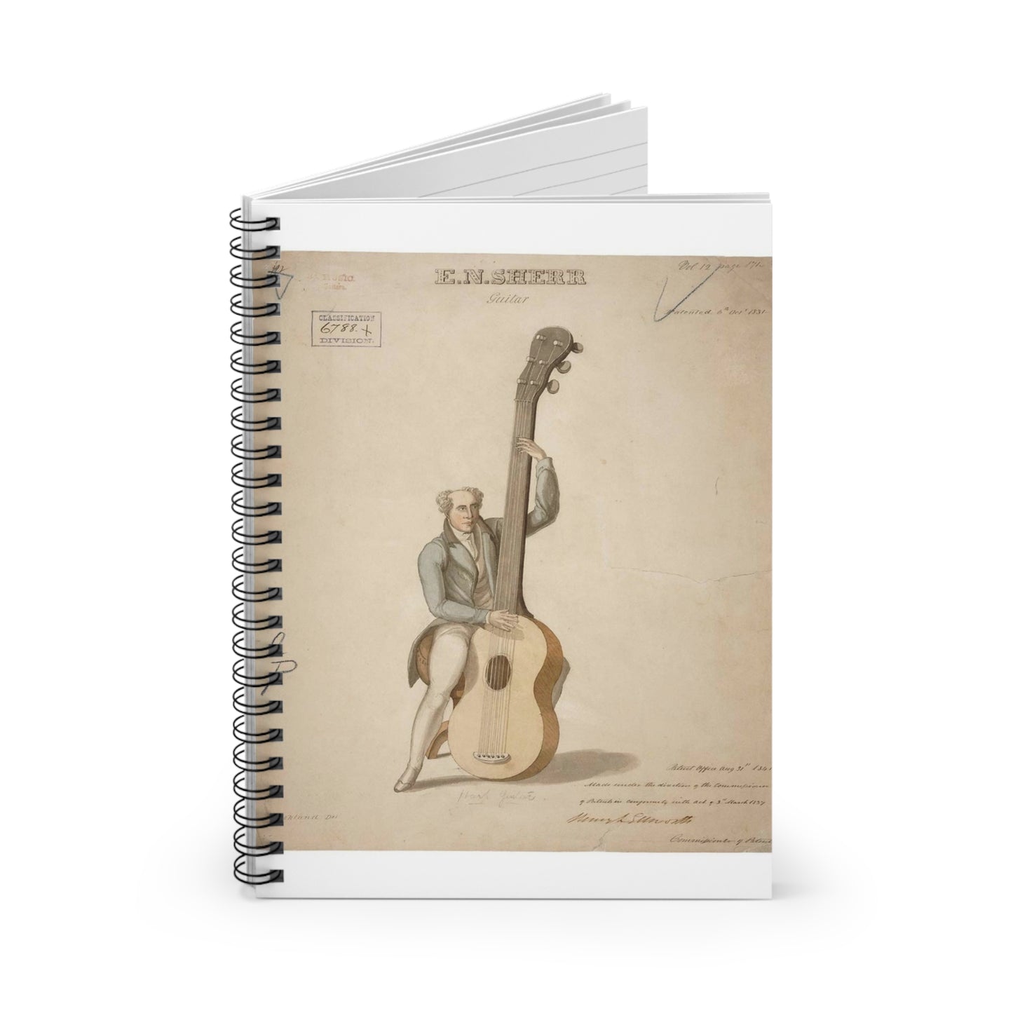 Patent drawing - Drawing of a Harp Guitar Public domain image Spiral Bound Ruled Notebook with Printed Cover