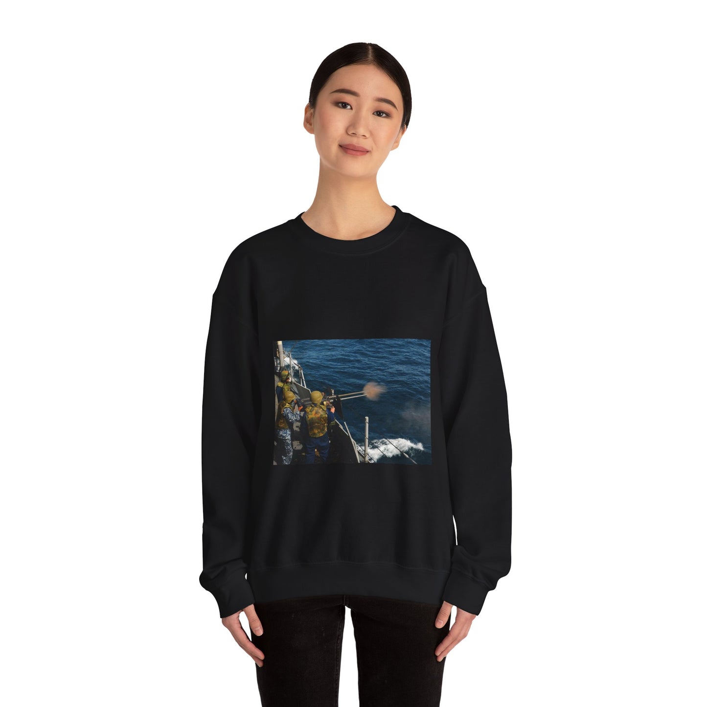US Navy 110514-N-YM590-214 Gunner's Mate 2nd Class Charles H. Talbert fires a .50-caliber machine gun during a crew-served weapons certification ex Black Heavy Blend Adult Crew Neck SweatShirt
