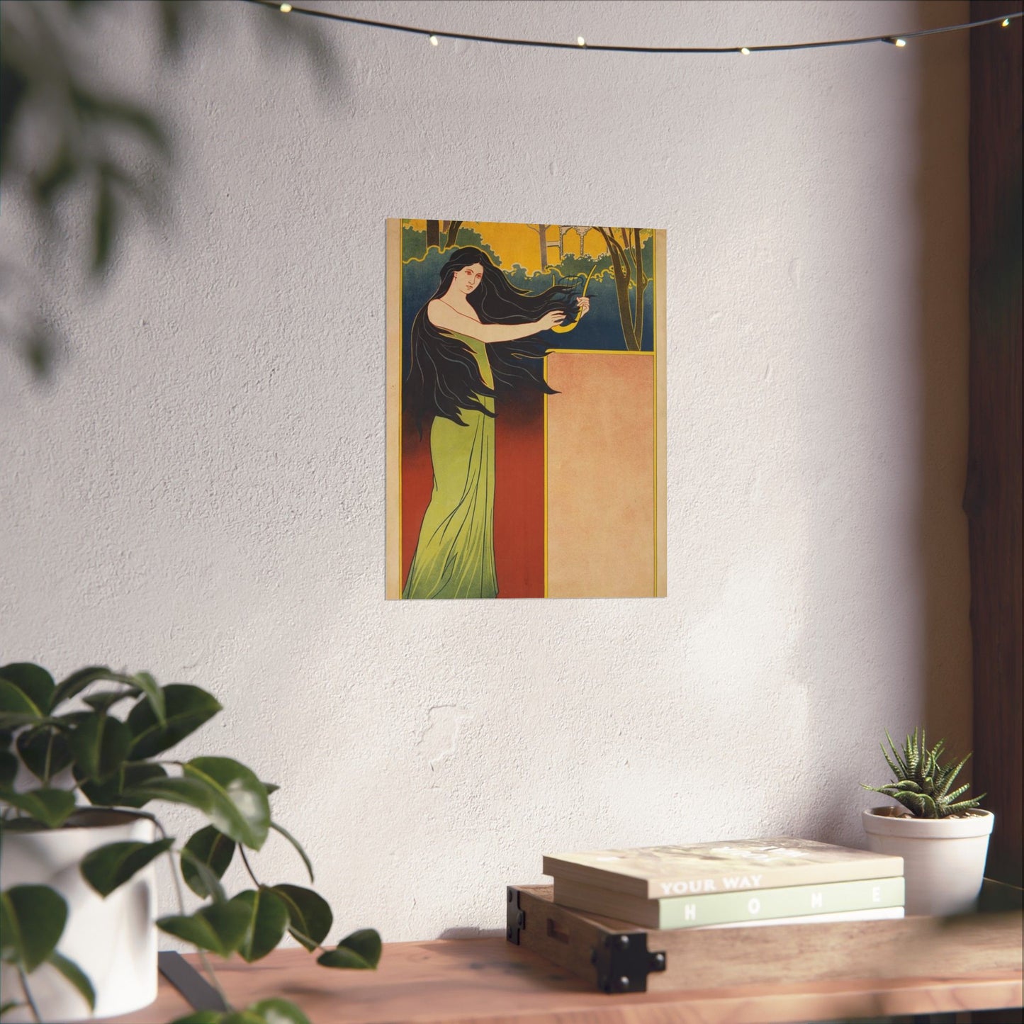 A painting of a woman with long black hair. Vintage art deco, beauty fashion. High Quality Matte Wall Art Poster for Home, Office, Classroom