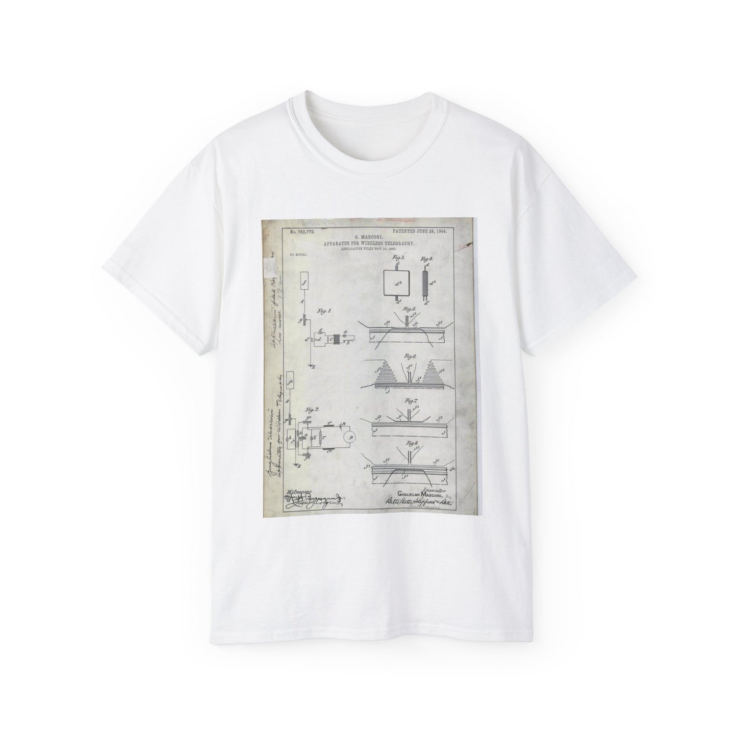 Patent drawing - for G. Marconi's Apparatus for Wireless Telegraphy Public domain image White T-Shirt Gildan 2000 Cotton Unisex