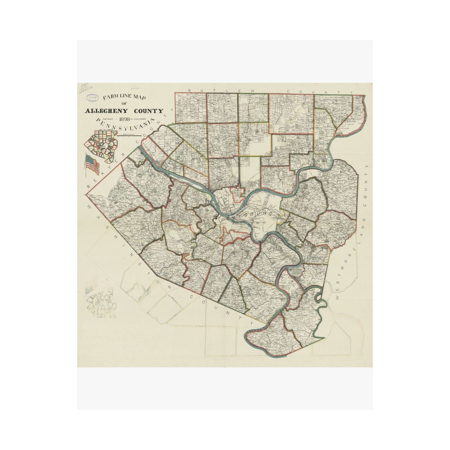 Farm line map of Allegheny County, Pennsylvania / High Quality Matte Wall Art Poster for Home, Office, Classroom
