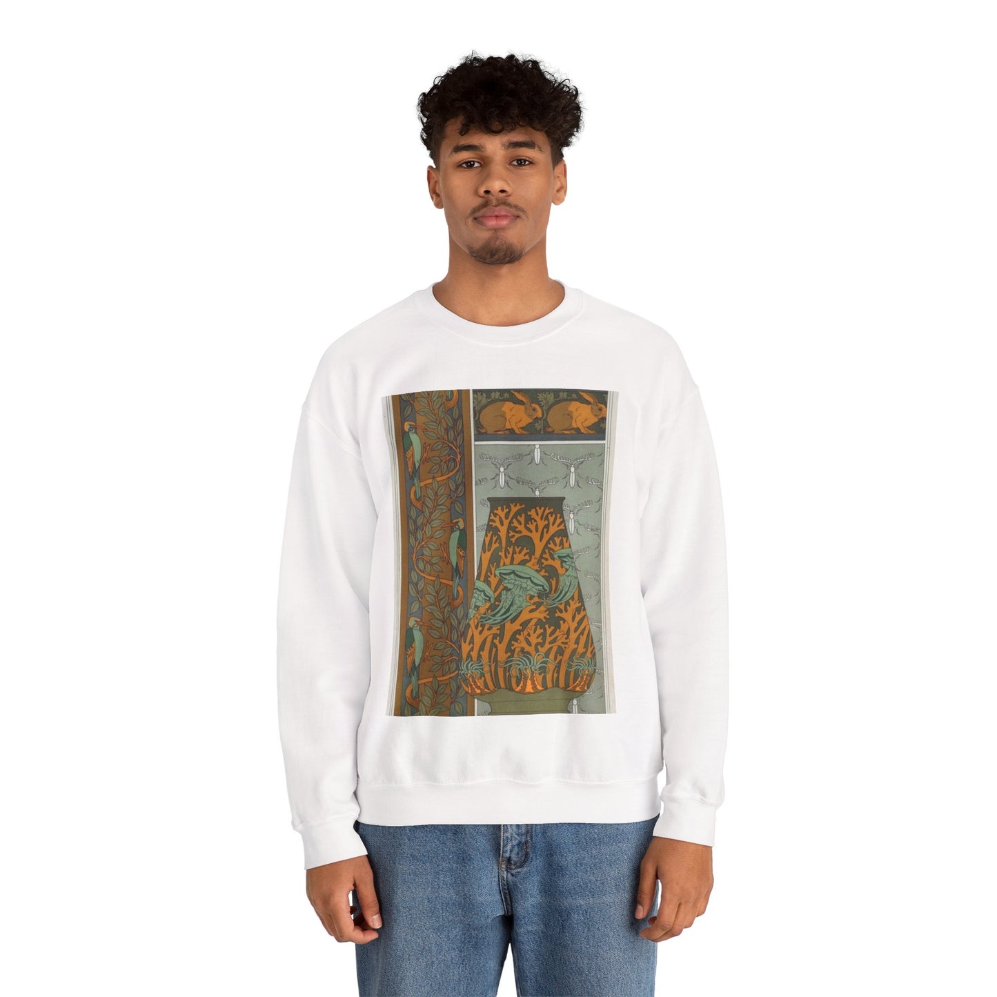 Piverts et arbre, bordure verticale. Lapins et feuilles, bordure. Méduses, anémones de mer et algues, vase. Insectes, jeu de fond. White Heavy Blend Adult Crew Neck SweatShirt