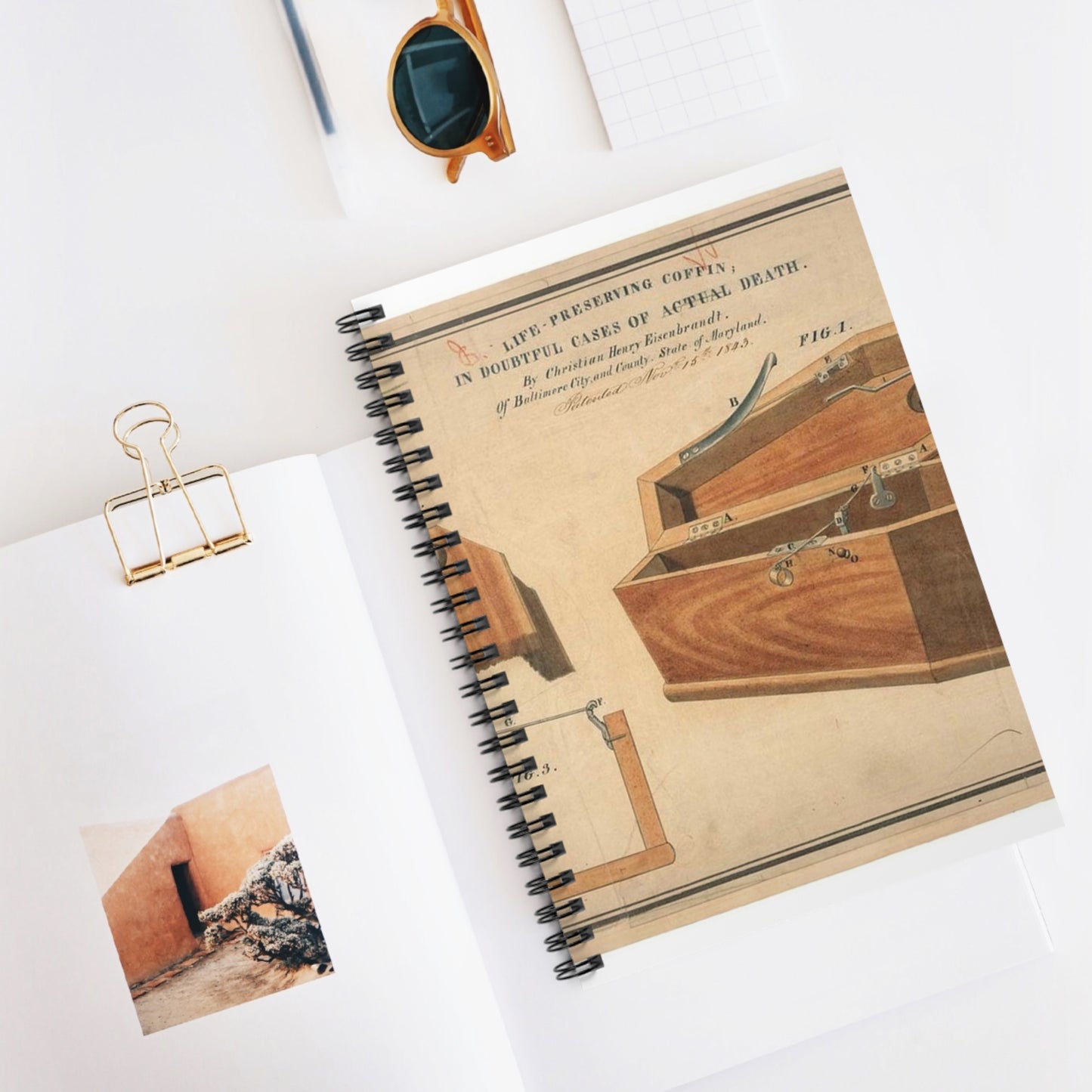 Patent drawing - Drawing for a Life - Preserving Coffin Public domain image Spiral Bound Ruled Notebook with Printed Cover