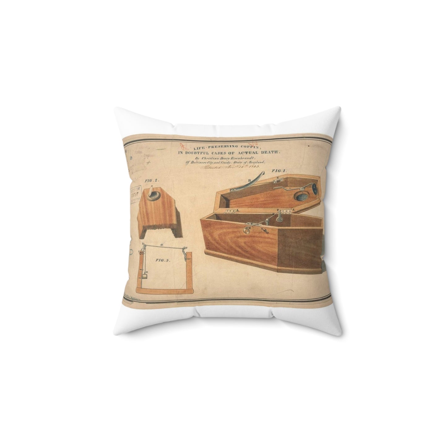 Patent drawing - Drawing for a Life - Preserving Coffin Public domain image Decorative Accent Square Pillow