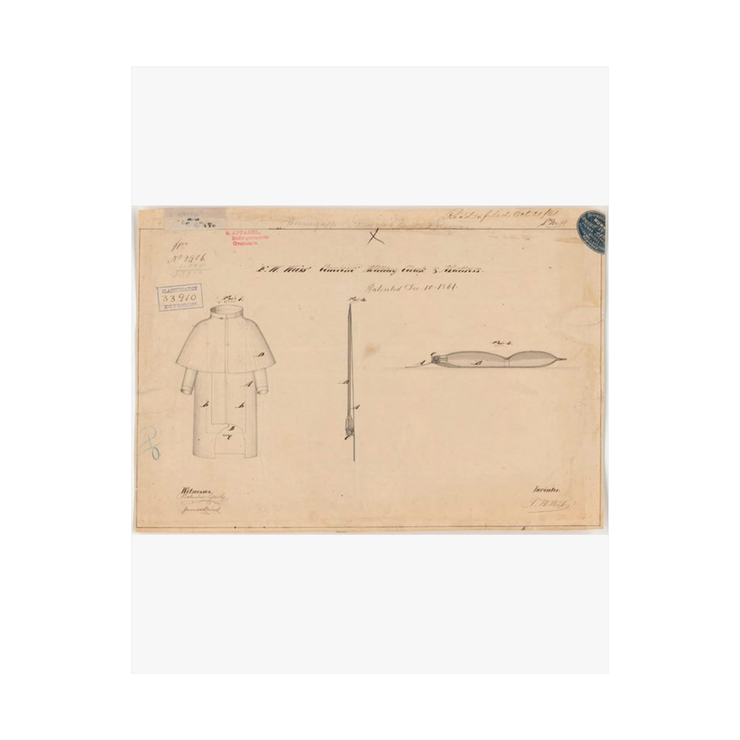 Patent drawing - Drawing of Combined Military Cloak and Mattress Public domain image High Quality Matte Wall Art Poster for Home, Office, Classroom