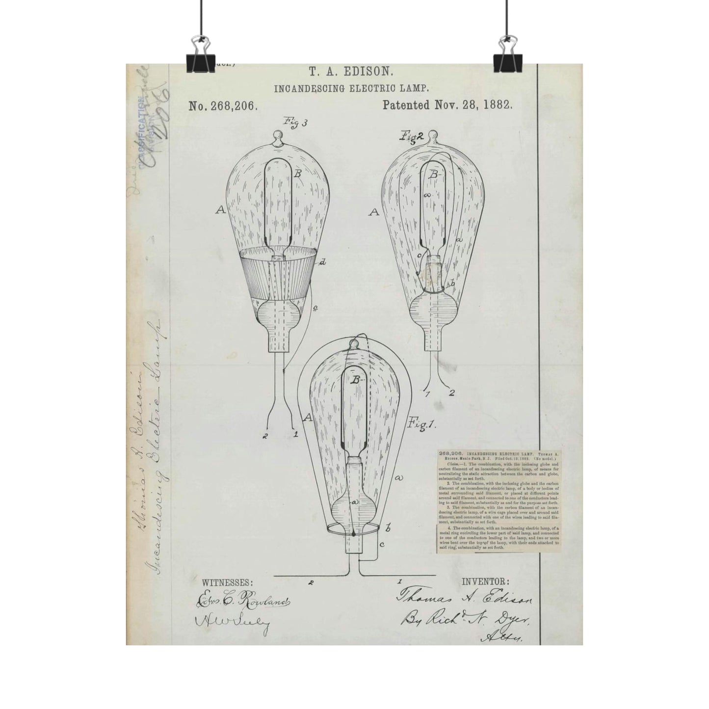 Patent drawing - for T. A. Edison's Incandescing Electric Lamp Public domain image High Quality Matte Wall Art Poster for Home, Office, Classroom