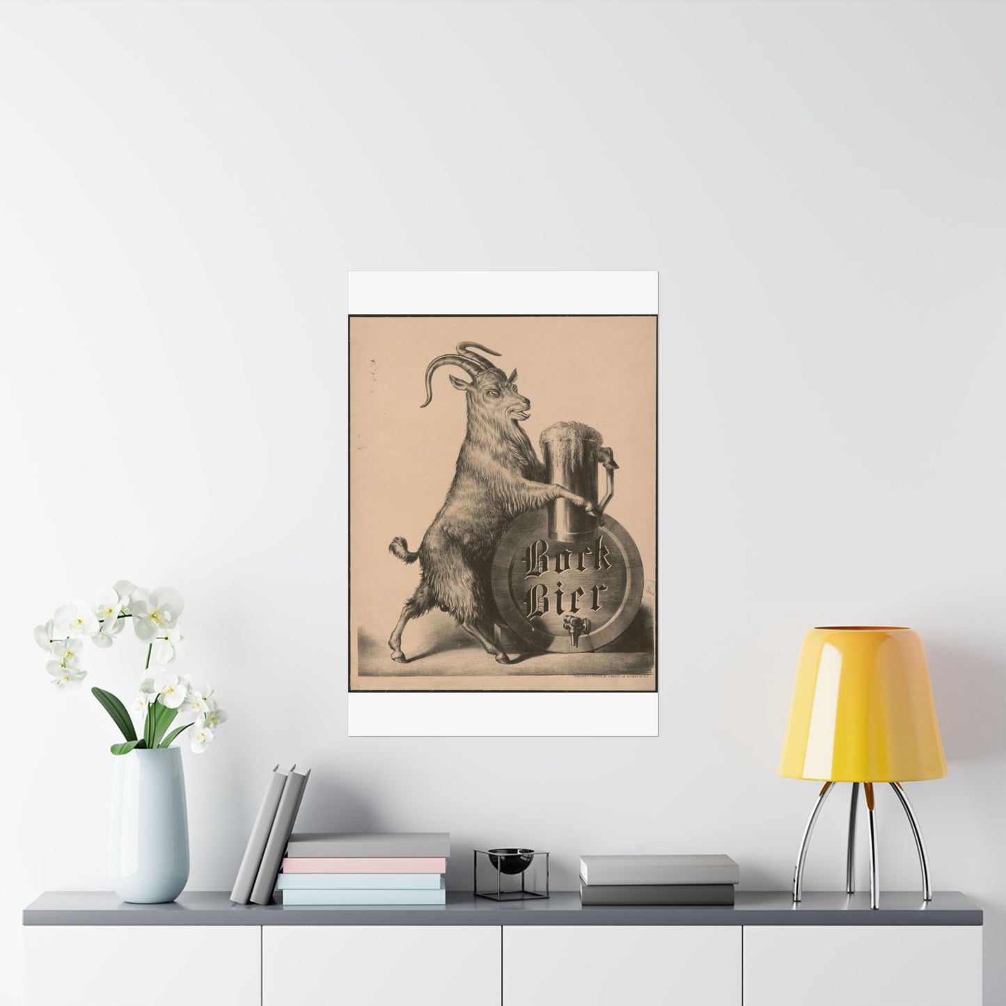 Bock Bier goat on hind legs, holding large mug of beer with front hooves High Quality Matte Wall Art Poster for Home, Office, Classroom