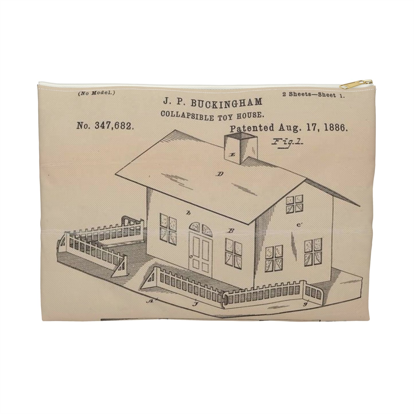 Patent Drawing of Engine - Drawing for a Collapsible Toy House Public domain image Large Organizer Pouch with Black Zipper
