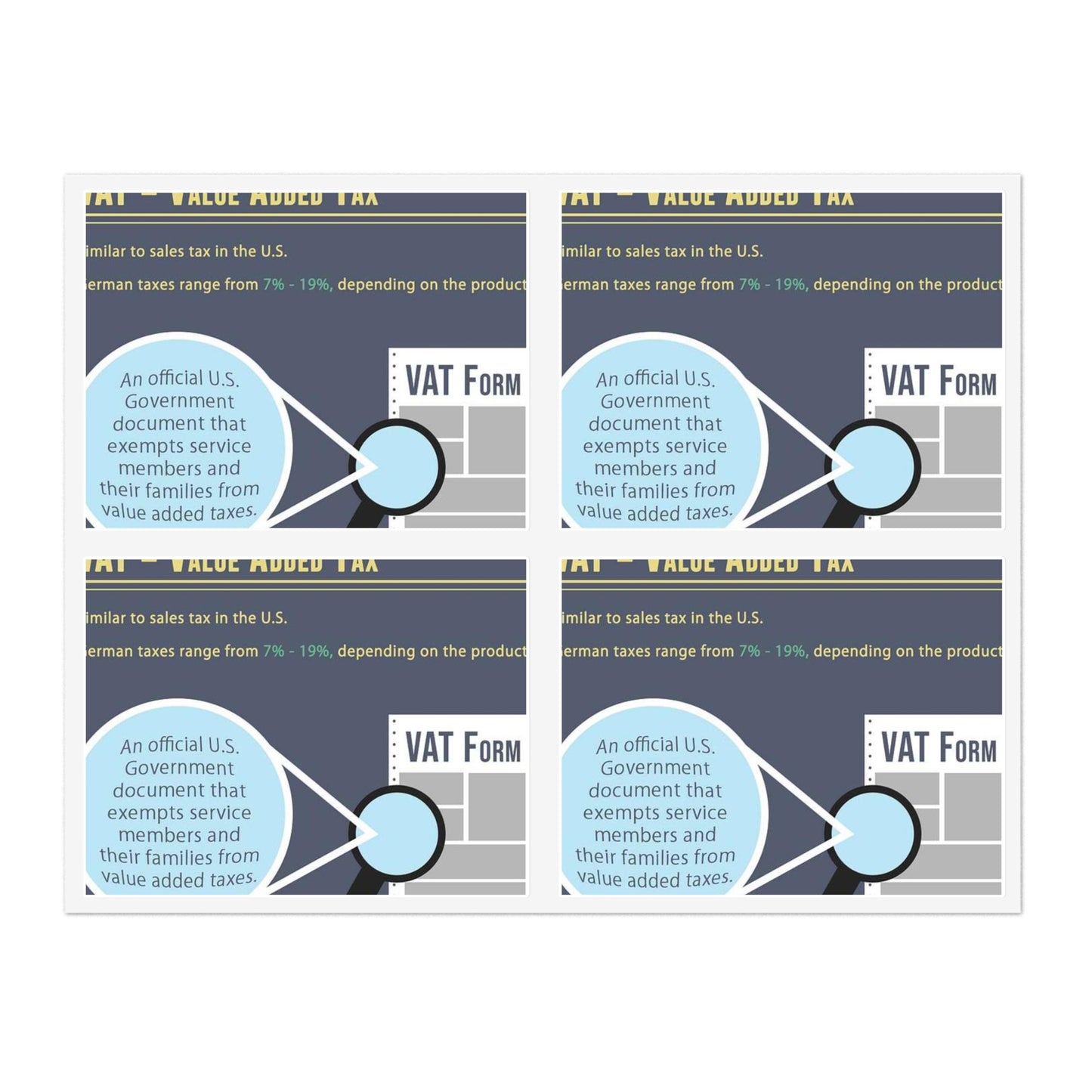 What is VAT? - A poster with a lot of different things on it Laminated UV Protective Vinyl Stickers