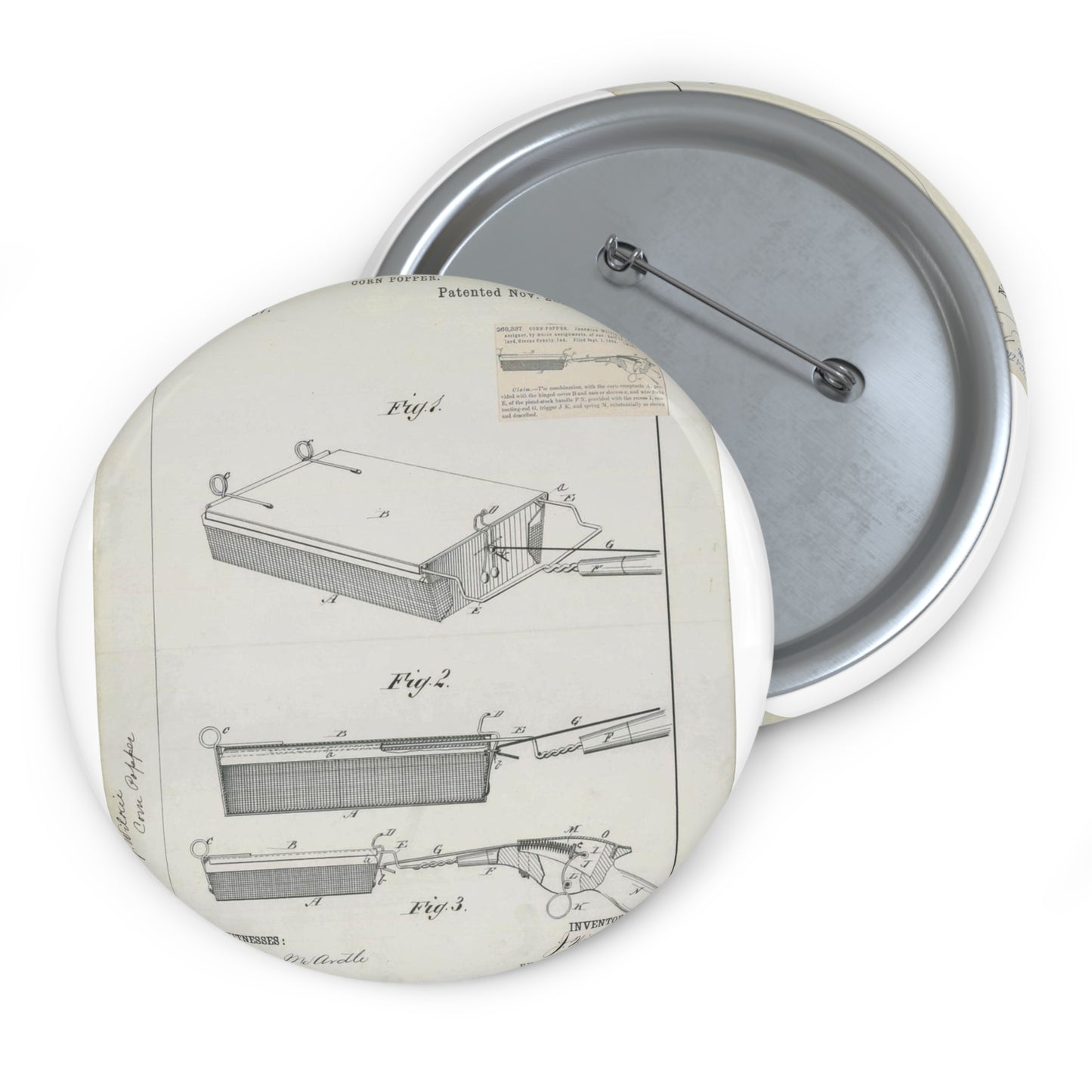 Patent Drawing of Engine - for J. Wilkie's Corn Popper Public domain image Pin Buttons with Crisp Design