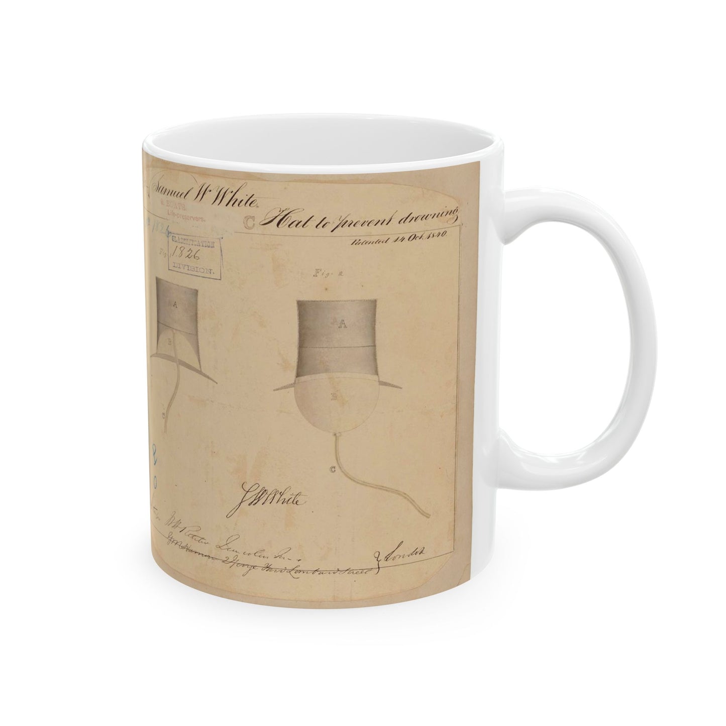 Patent drawing - Drawing of Hat to Prevent Drowning Public domain image Beautiful Novelty Ceramic Coffee Mug 11oz
