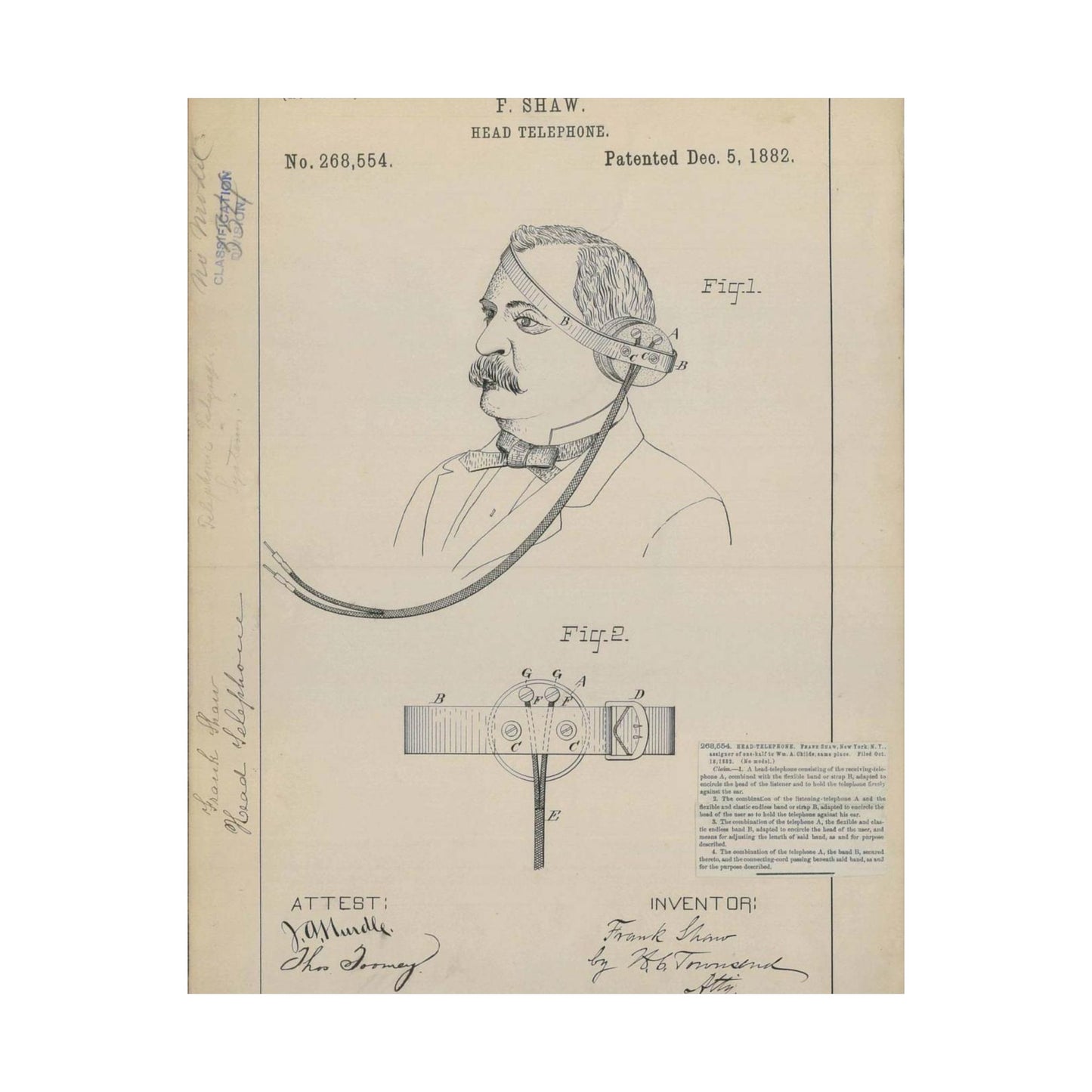 Patent drawing - for F. Shaw's Head Telephone Public domain image High Quality Matte Wall Art Poster for Home, Office, Classroom