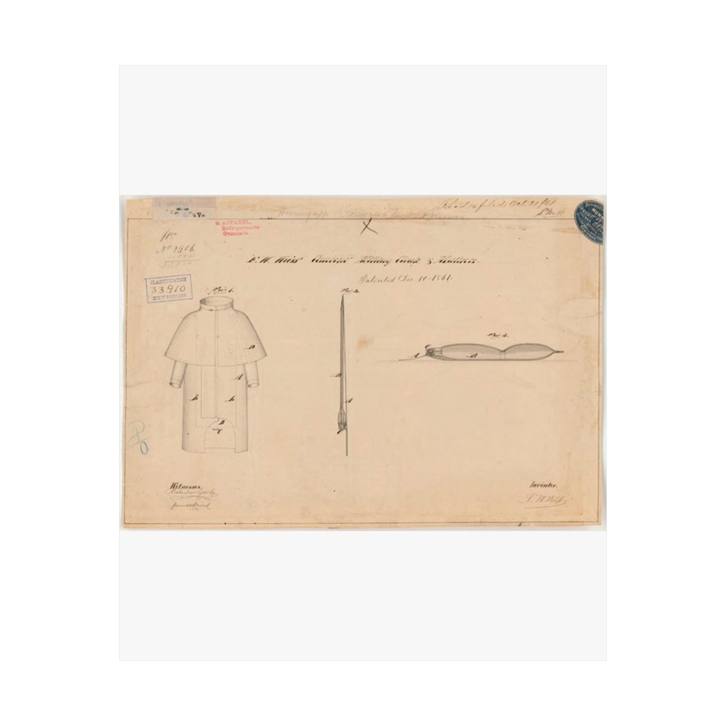 Patent drawing - Drawing of Combined Military Cloak and Mattress Public domain image High Quality Matte Wall Art Poster for Home, Office, Classroom