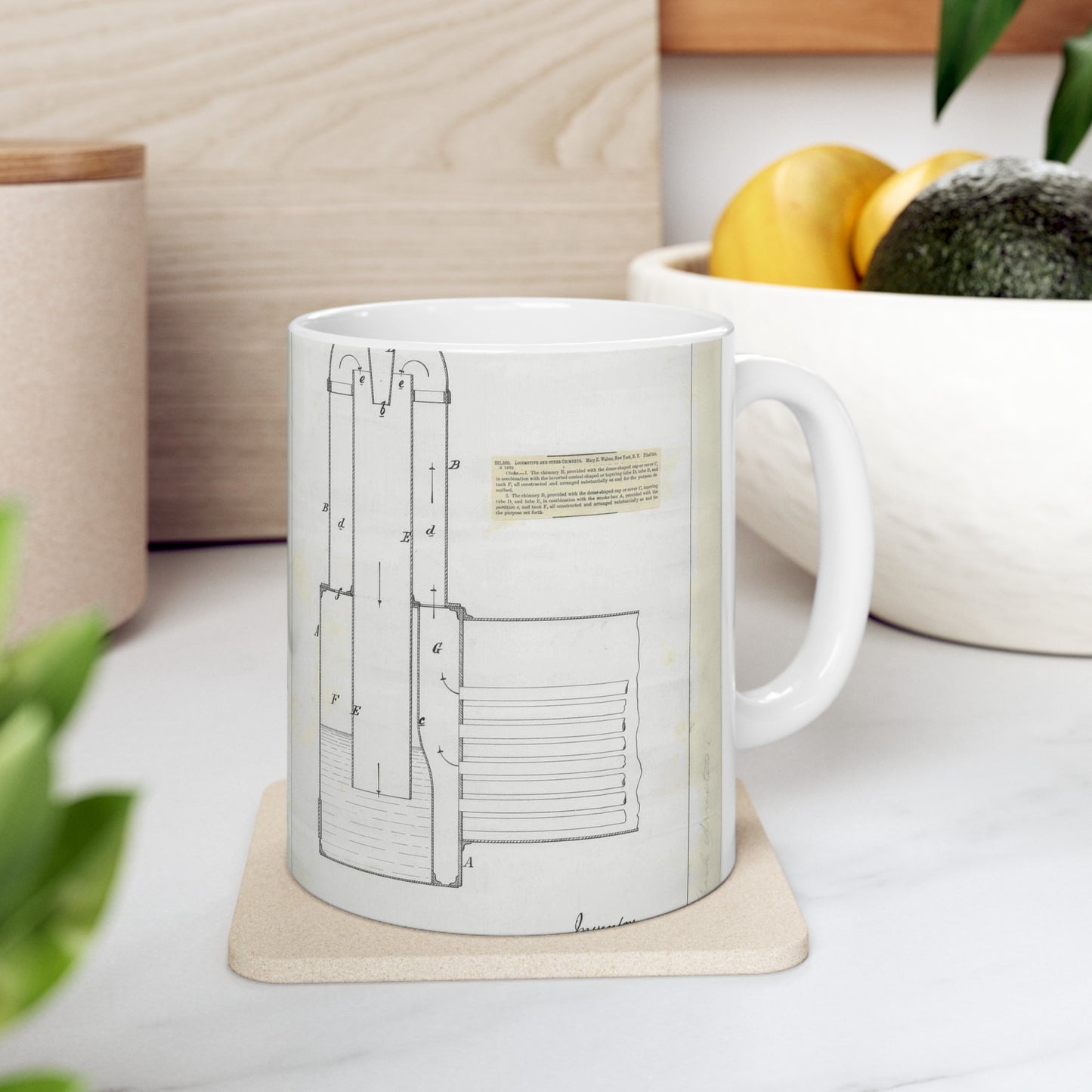 Patent Drawing of Engine - for M. E. Walton's Locomotive and Other Chimneys Public domain image Beautiful Novelty Ceramic Coffee Mug 11oz