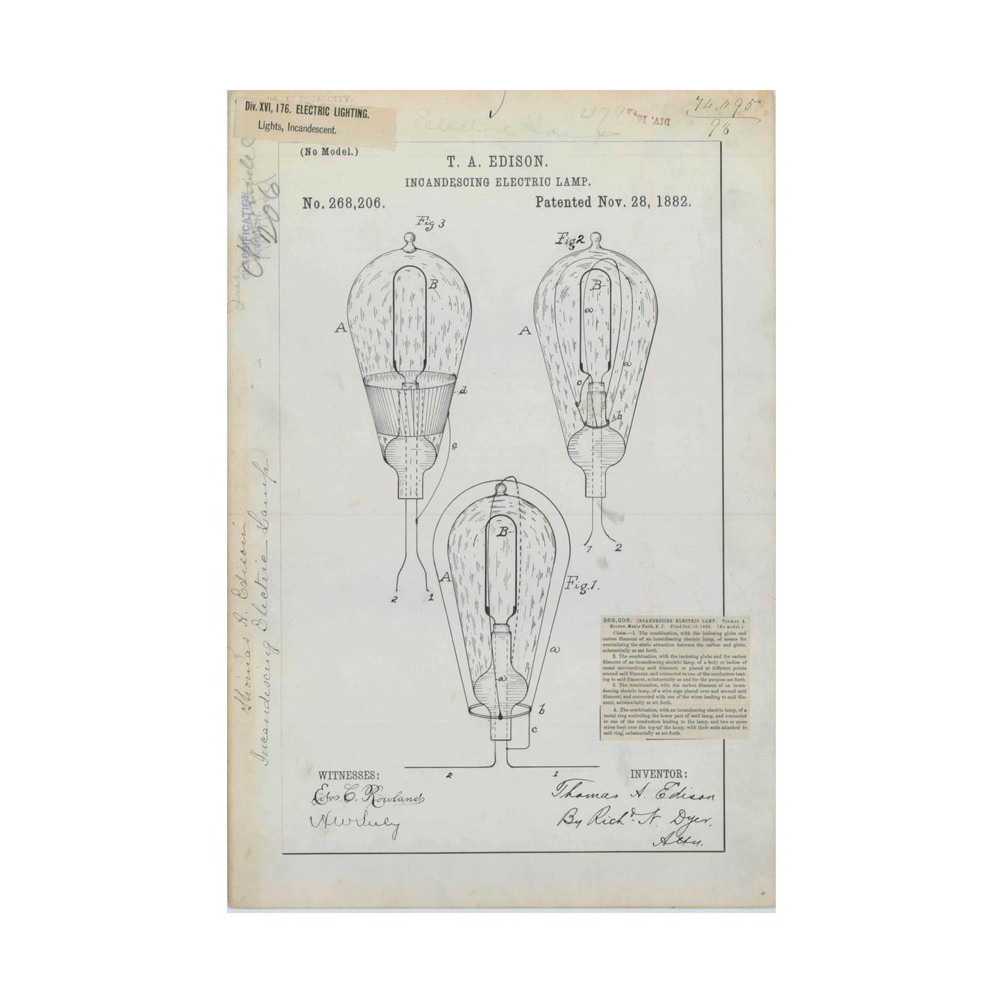 Patent drawing - for T. A. Edison's Incandescing Electric Lamp Public domain image High Quality Matte Wall Art Poster for Home, Office, Classroom