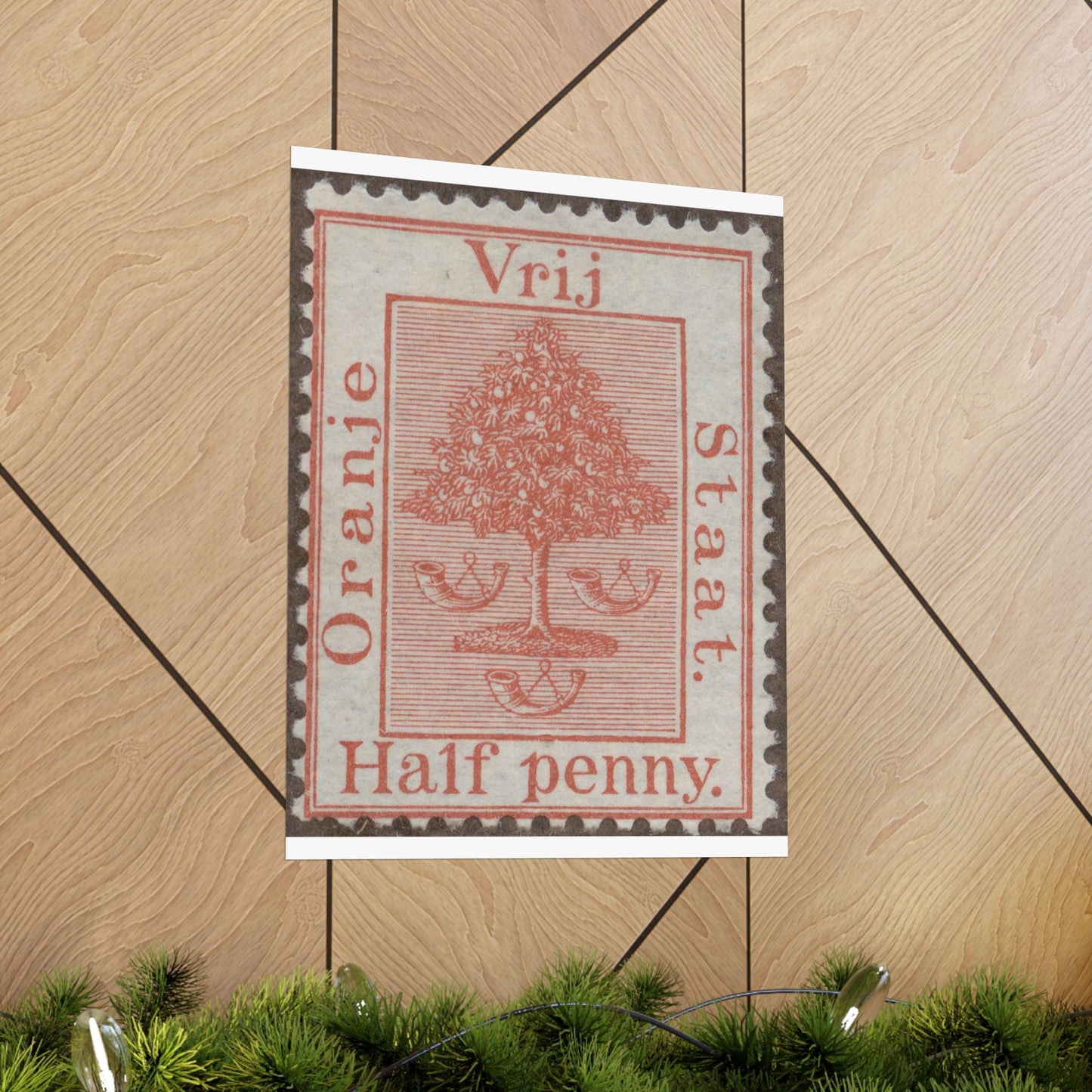 Frimärke ur Gösta Bodmans filatelistiska motivsamling, påbörjad 1950.Frimärke från Oranje -Fristaten. Motiv av apelsinträd med frukter och posthorn. High Quality Matte Wall Art Poster for Home, Office, Classroom