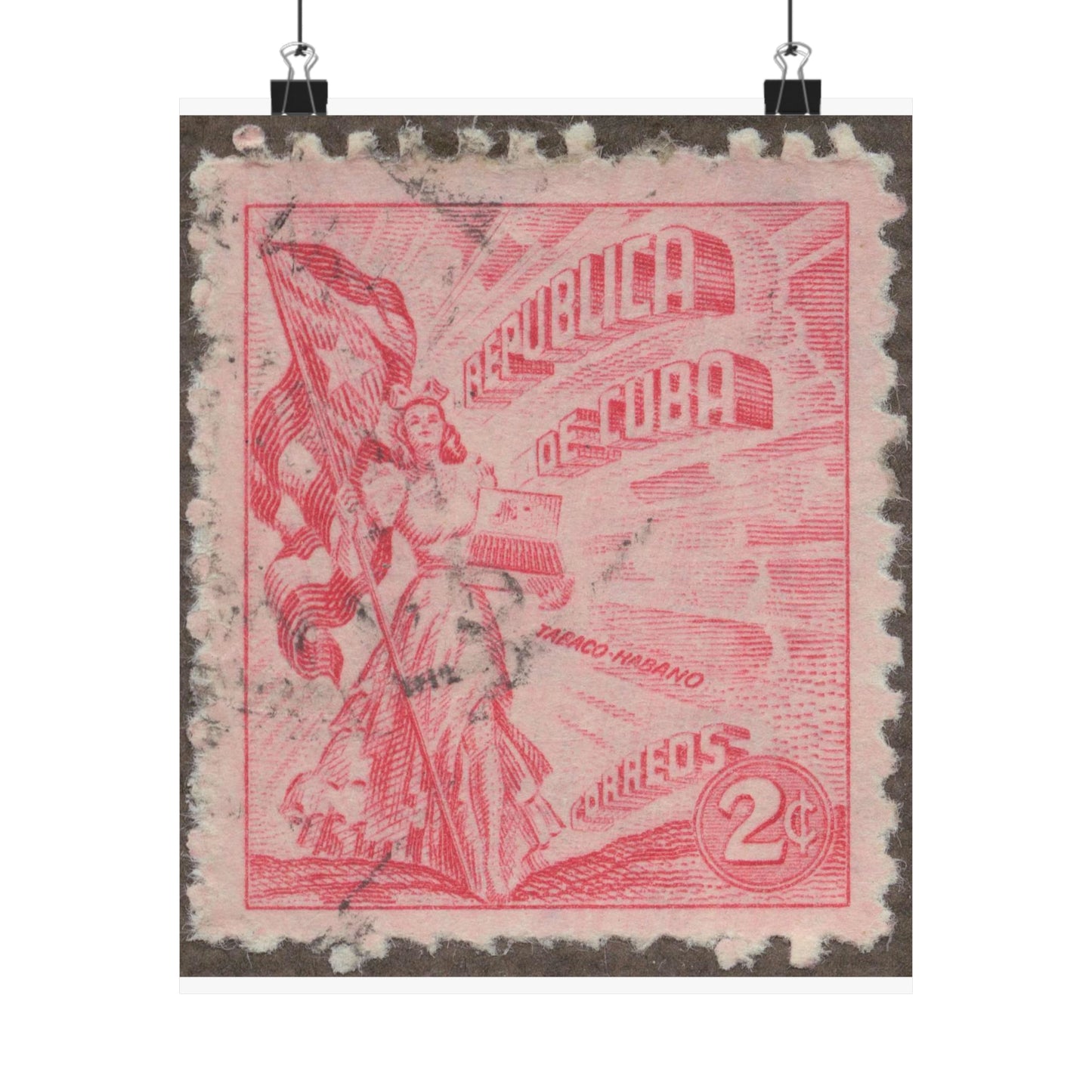 Frimärke ur Gösta Bodmans filatelistiska motivsamling, påbörjad 1950.Frimärke från Cuba, 1948. Motiv av kvinnosymbol för friheten med cigrarrlåda och flagga. High Quality Matte Wall Art Poster for Home, Office, Classroom