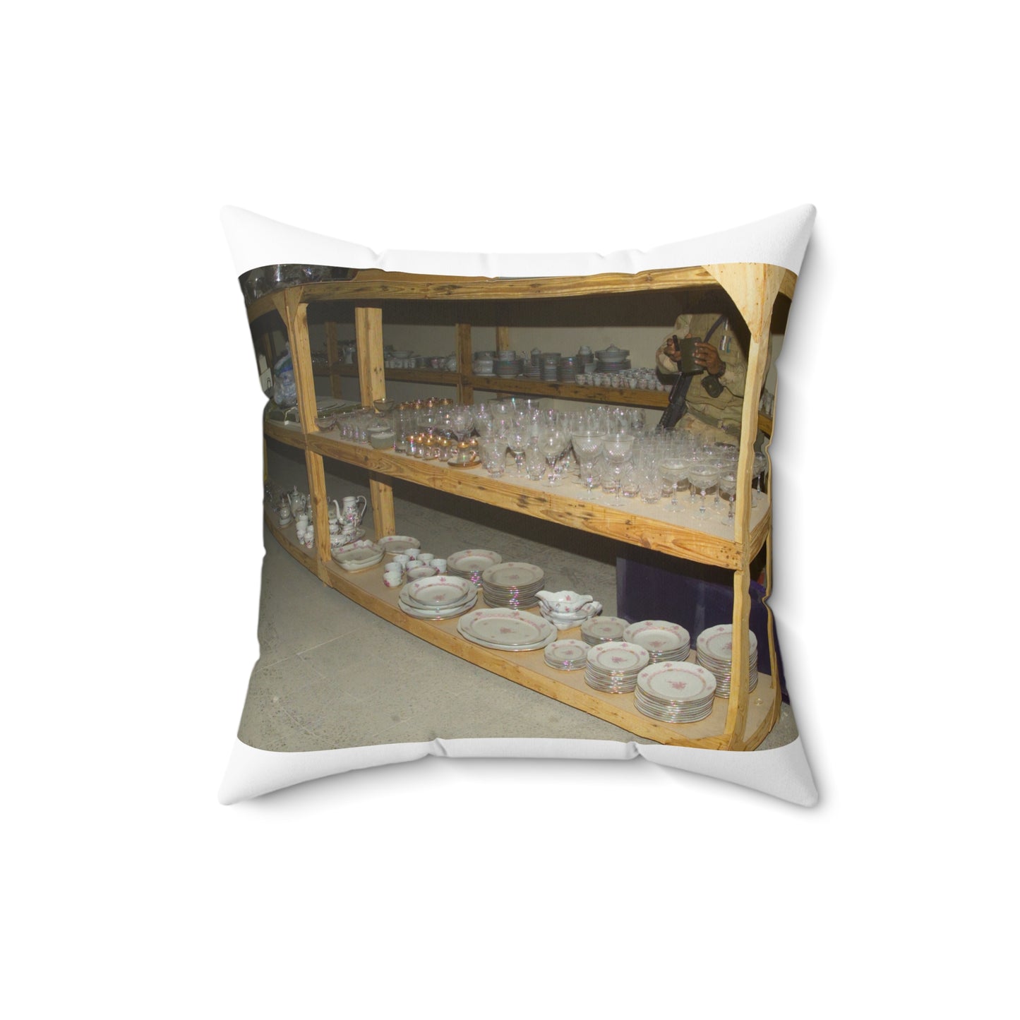 Various sets of crystal and chinaware found in the basement, in one of Saddam Hussein's palaces in Baghdad during Operation IRAQI FREEDOM Decorative Accent Square Pillow