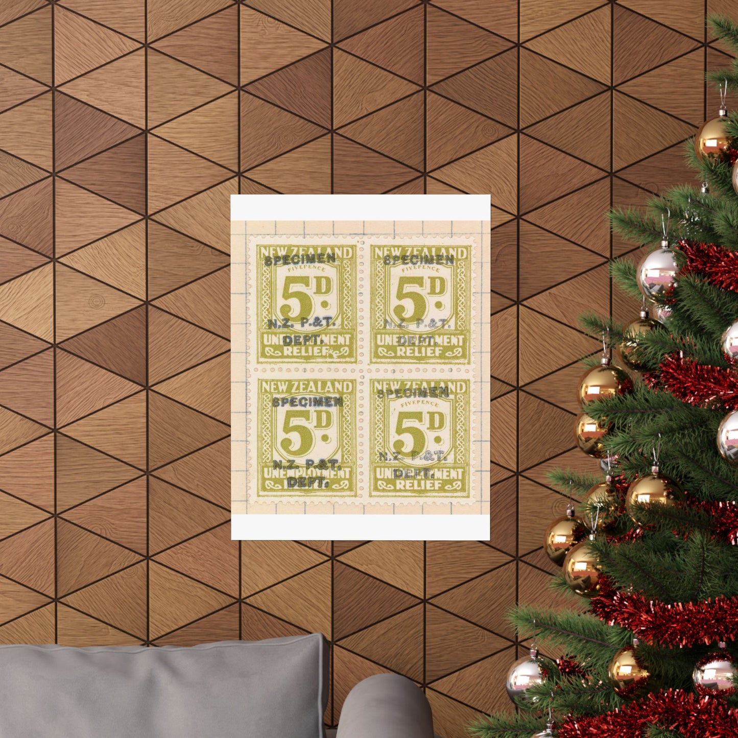 Block of five penny Unemployment Relief stamps overprinted 'Specimen' High Quality Matte Wall Art Poster for Home, Office, Classroom