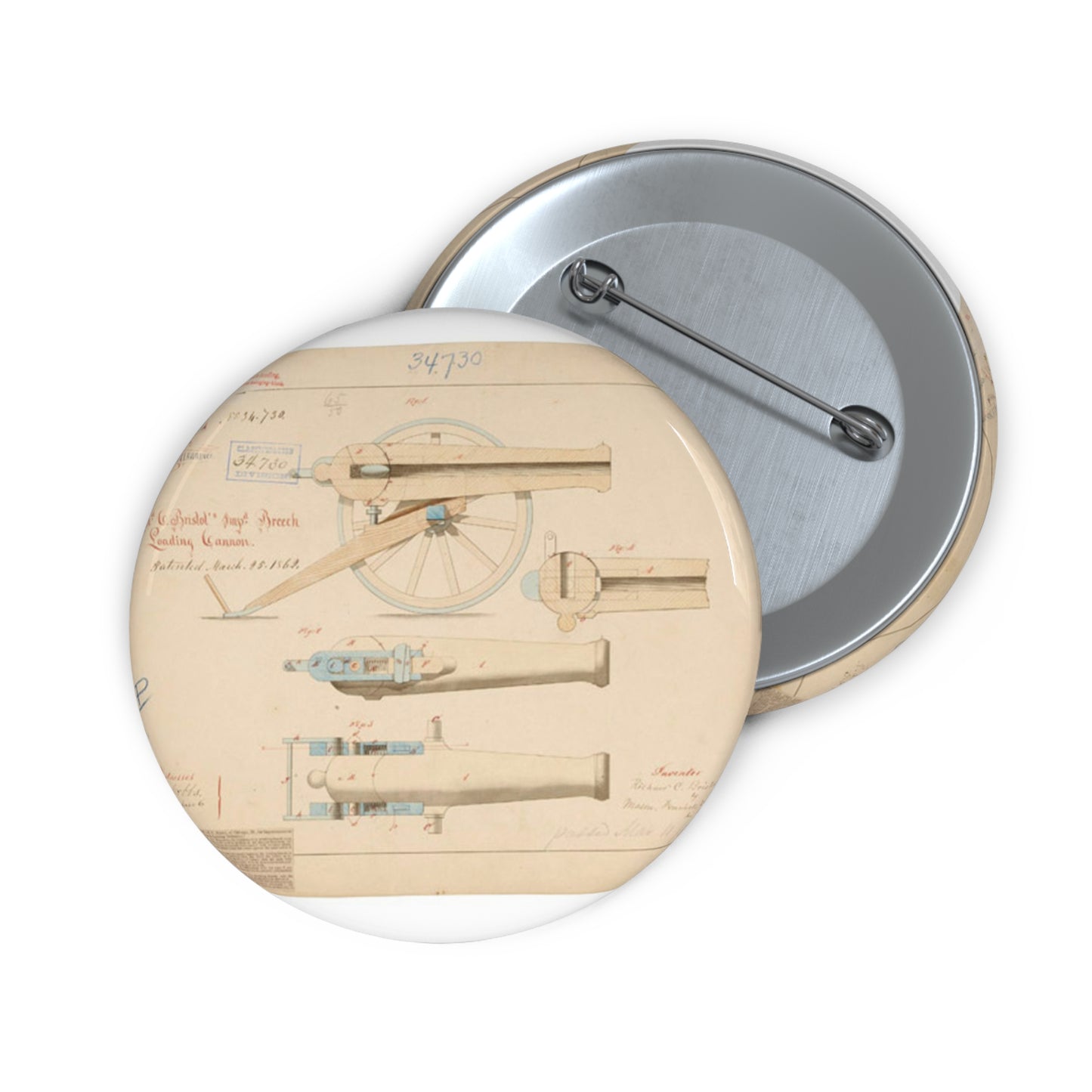 Patent drawing - Drawing of Improved Breech Loading Cannon Public domain image Pin Buttons with Crisp Design