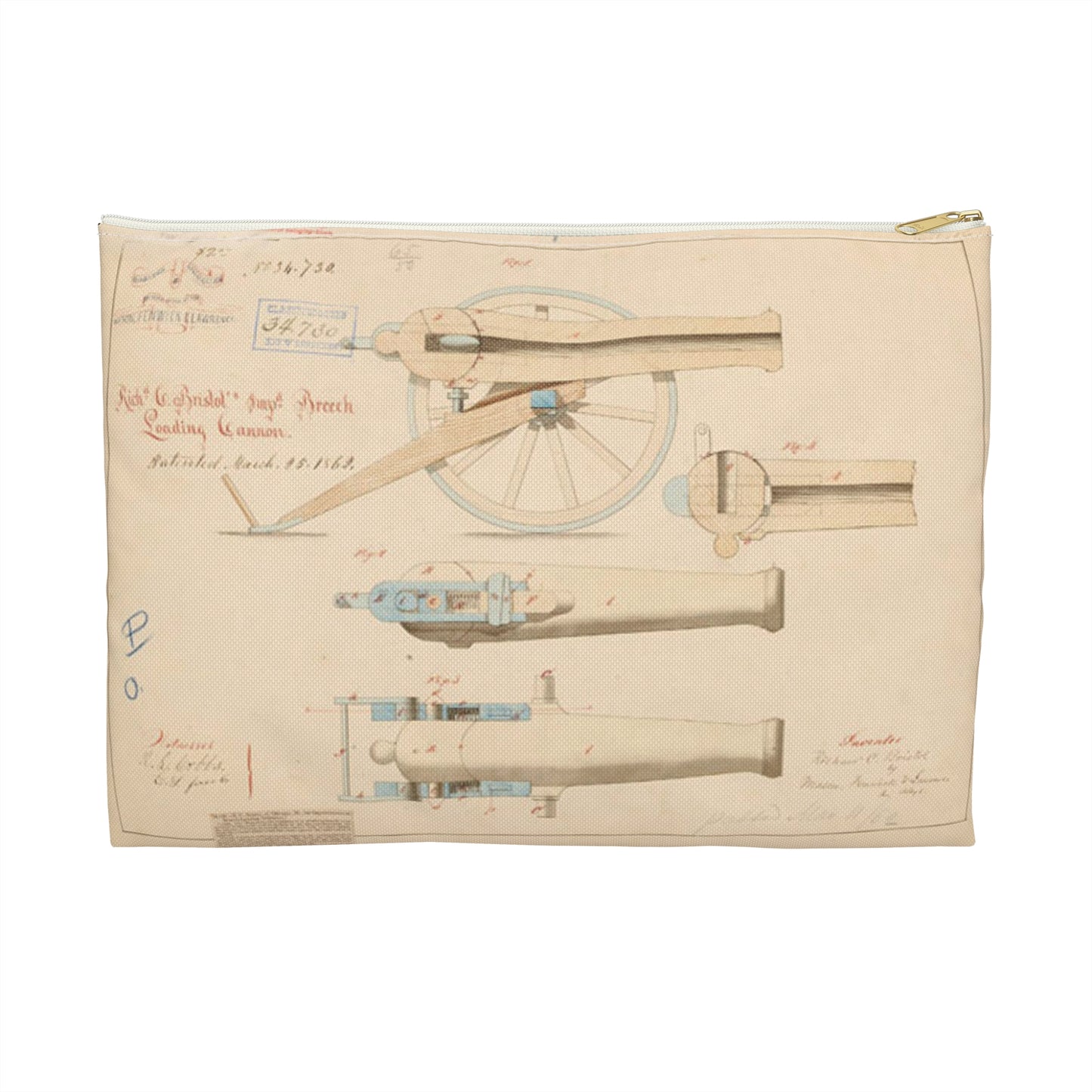 Patent drawing - Drawing of Improved Breech Loading Cannon Public domain image Large Organizer Pouch with Black Zipper