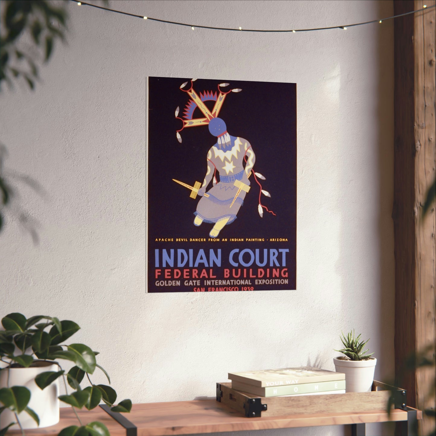 Indian court, Federal Building, Golden Gate International Exposition, San Francisco, 1939 Apache devil dancer from an Indian painting, Arizona / / Siegriest. High Quality Matte Wall Art Poster for Home, Office, Classroom