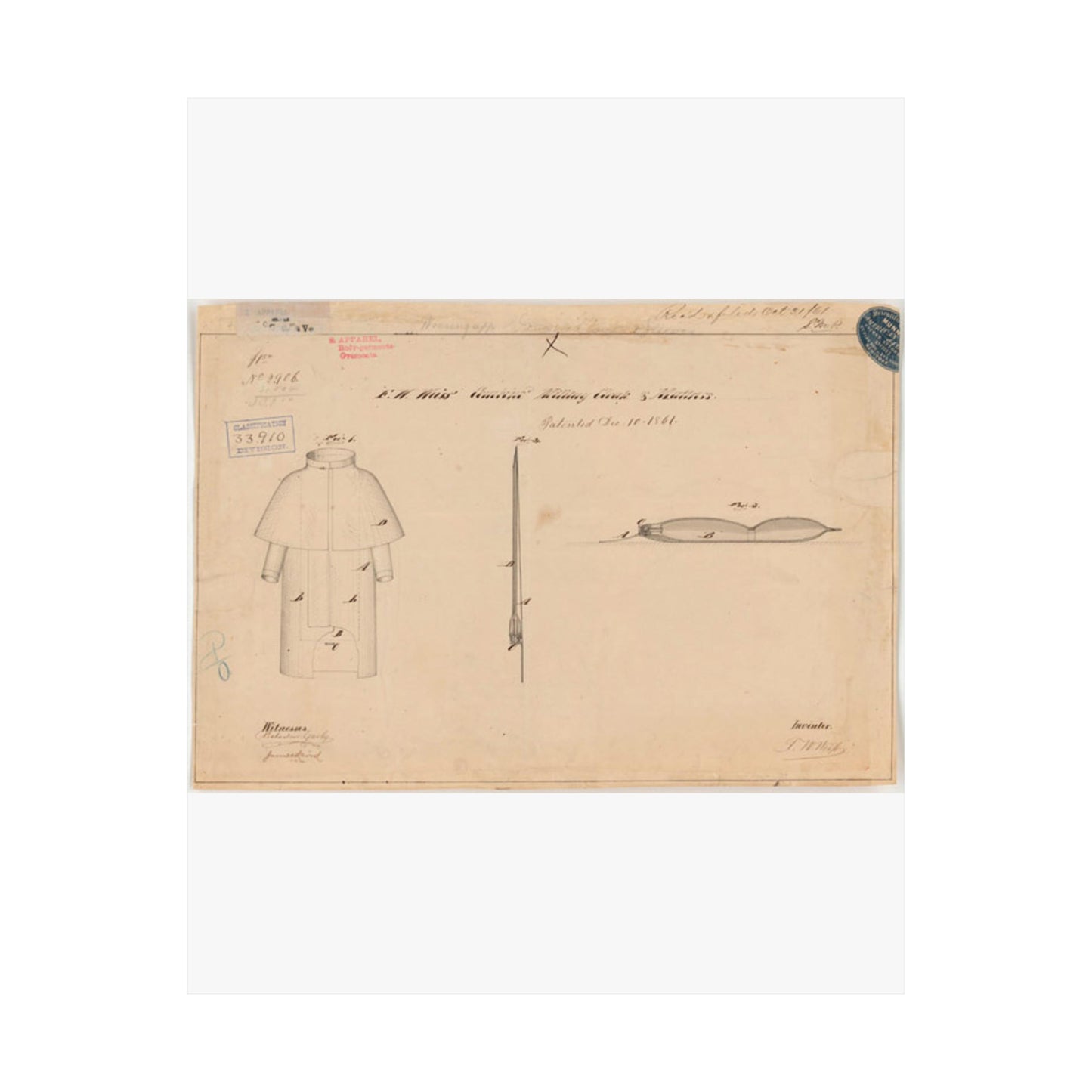 Patent drawing - Drawing of Combined Military Cloak and Mattress Public domain image High Quality Matte Wall Art Poster for Home, Office, Classroom