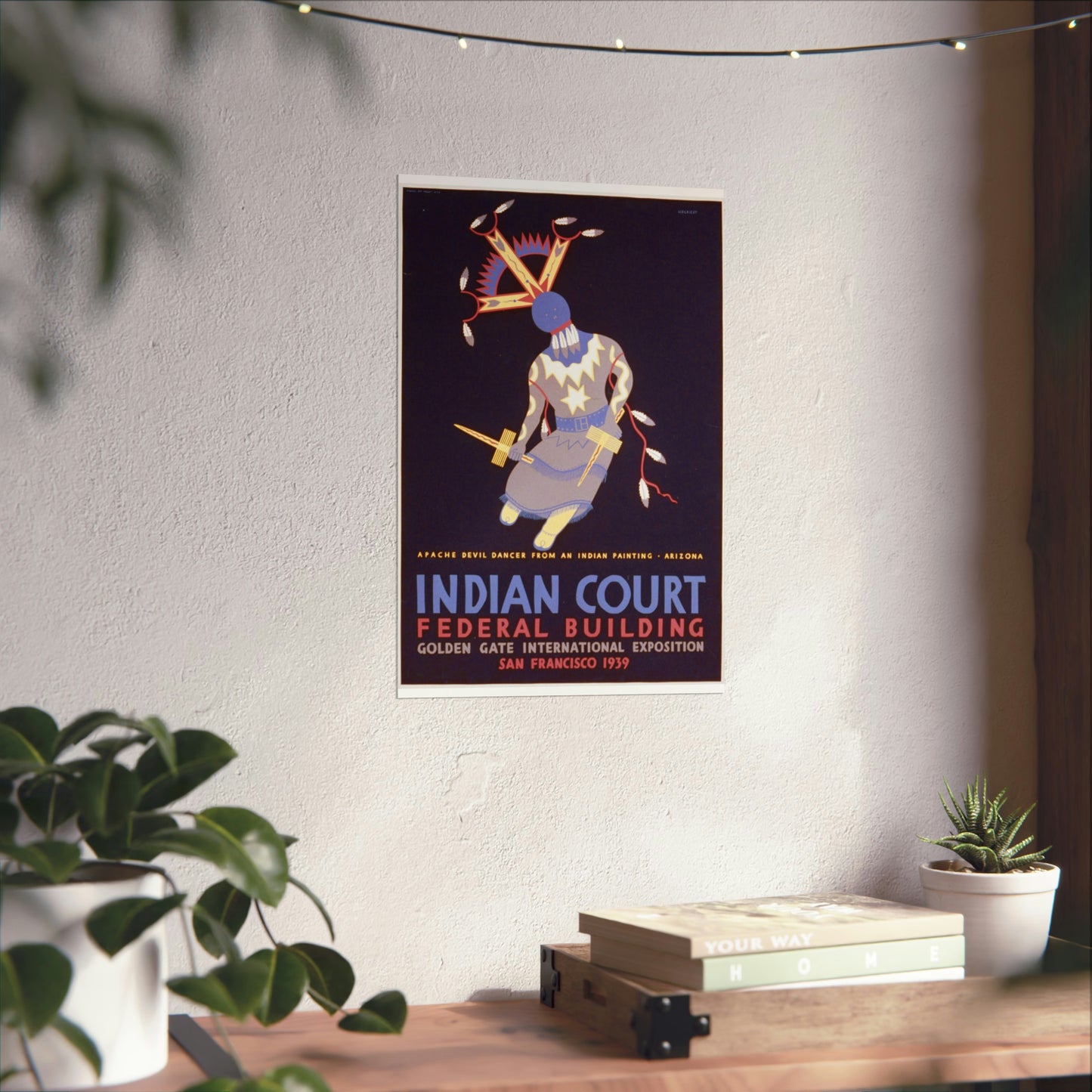 Indian court, Federal Building, Golden Gate International Exposition, San Francisco, 1939 Apache devil dancer from an Indian painting, Arizona / / Siegriest. High Quality Matte Wall Art Poster for Home, Office, Classroom