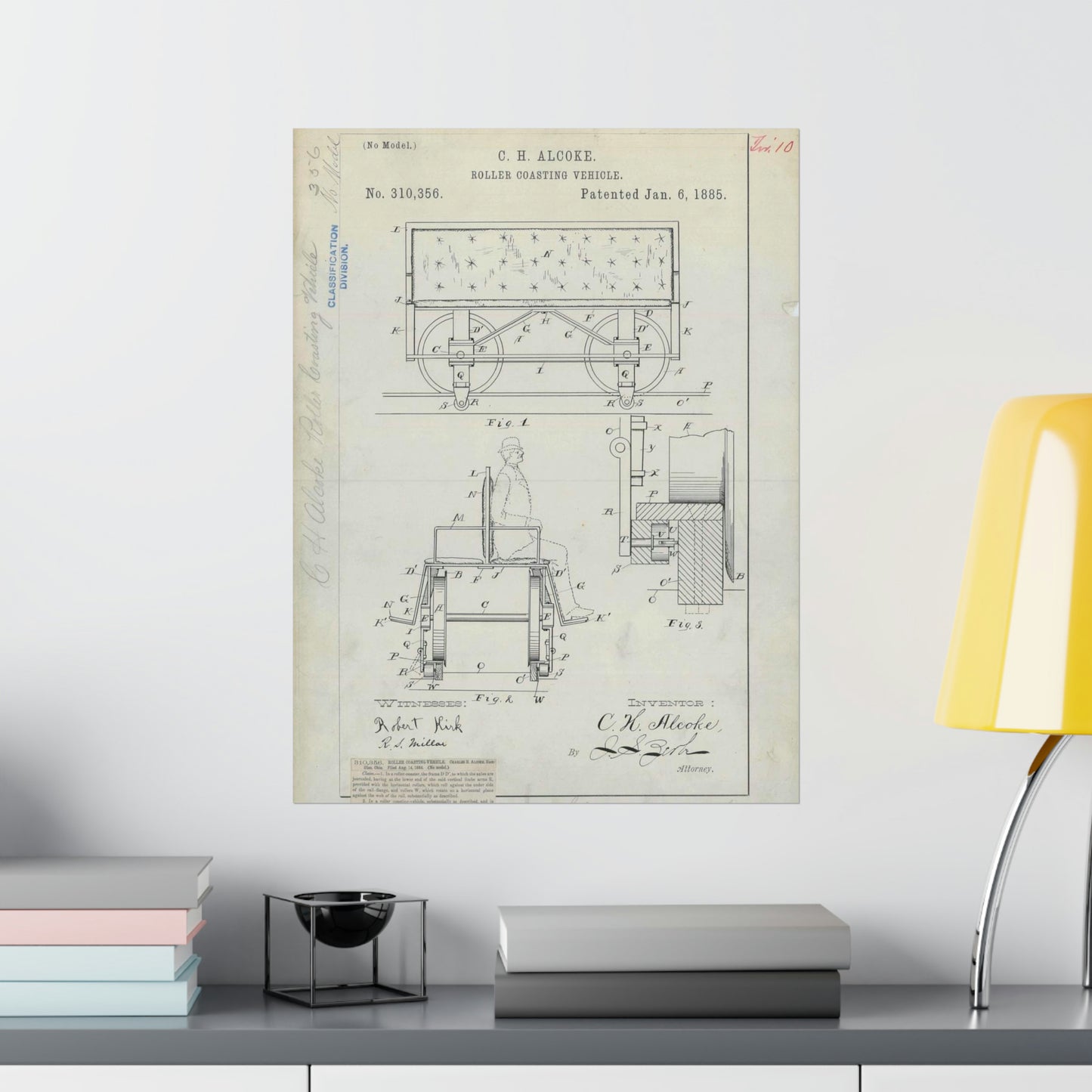 Patent Drawing of Engine - for C. H. Alcoke's Roller Coasting Vehicle Public domain image High Quality Matte Wall Art Poster for Home, Office, Classroom