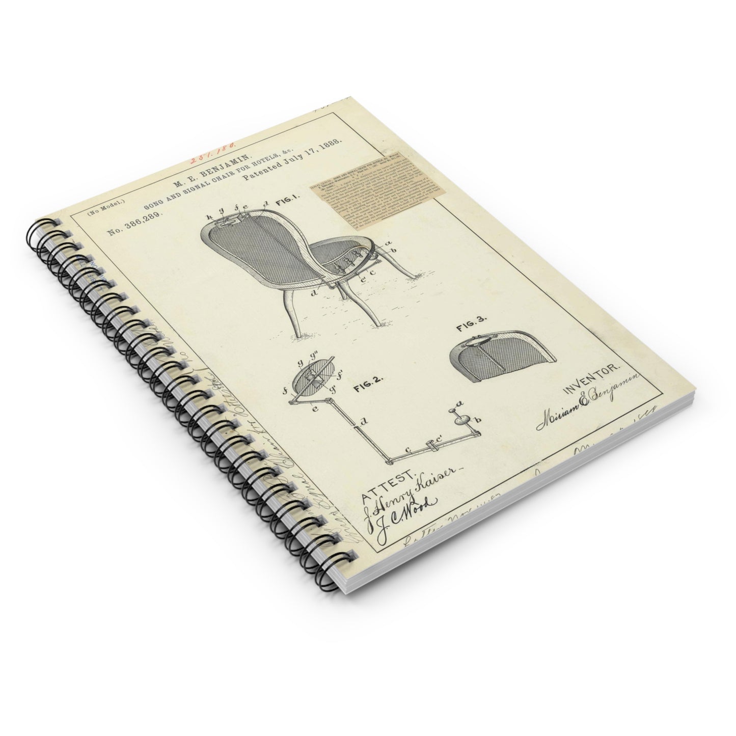 Patent drawing - for M. E. Benjamin's Gong and Signal Chair for Hotels Public domain image Spiral Bound Ruled Notebook with Printed Cover