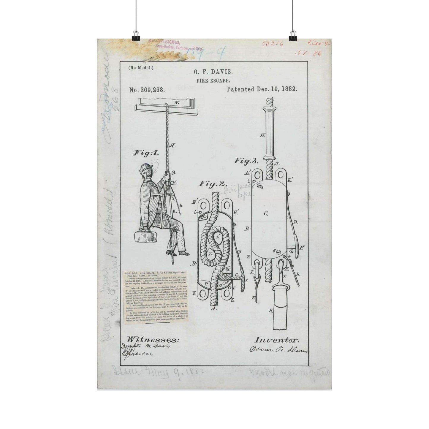 Patent Drawing of Engine - for O. F. Davis' Fire Escape Public domain image High Quality Matte Wall Art Poster for Home, Office, Classroom