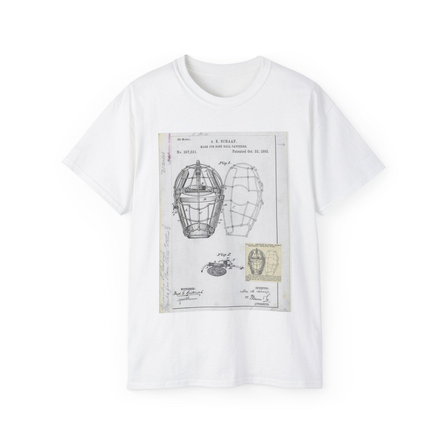 Patent drawing - Drawing of a "Mask for Base Ball Catchers" Public domain image White T-Shirt Gildan 2000 Cotton Unisex